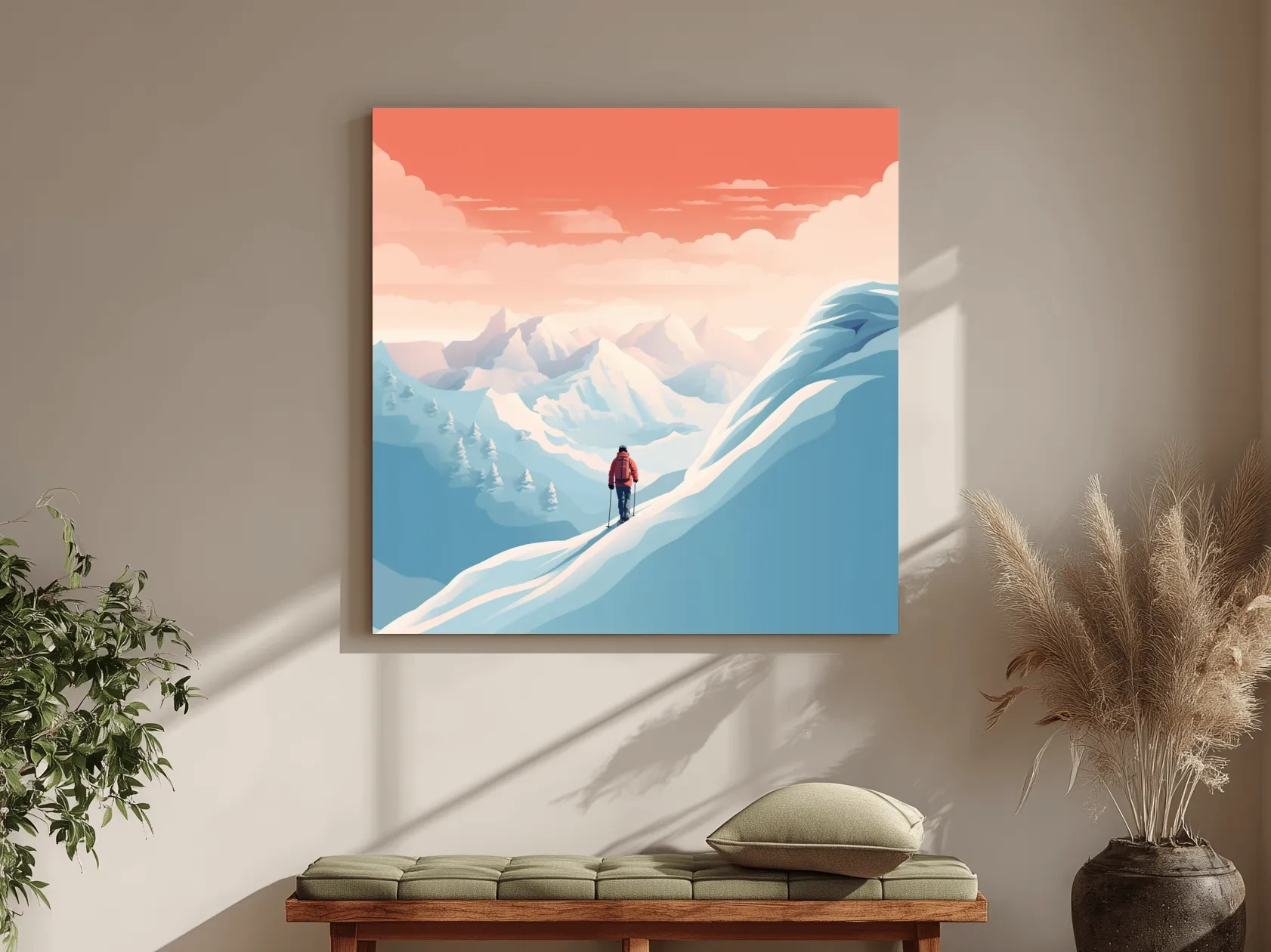 Minimalist Backcountry Skier Illustration - Pastel Alpine Landscape Wall Art