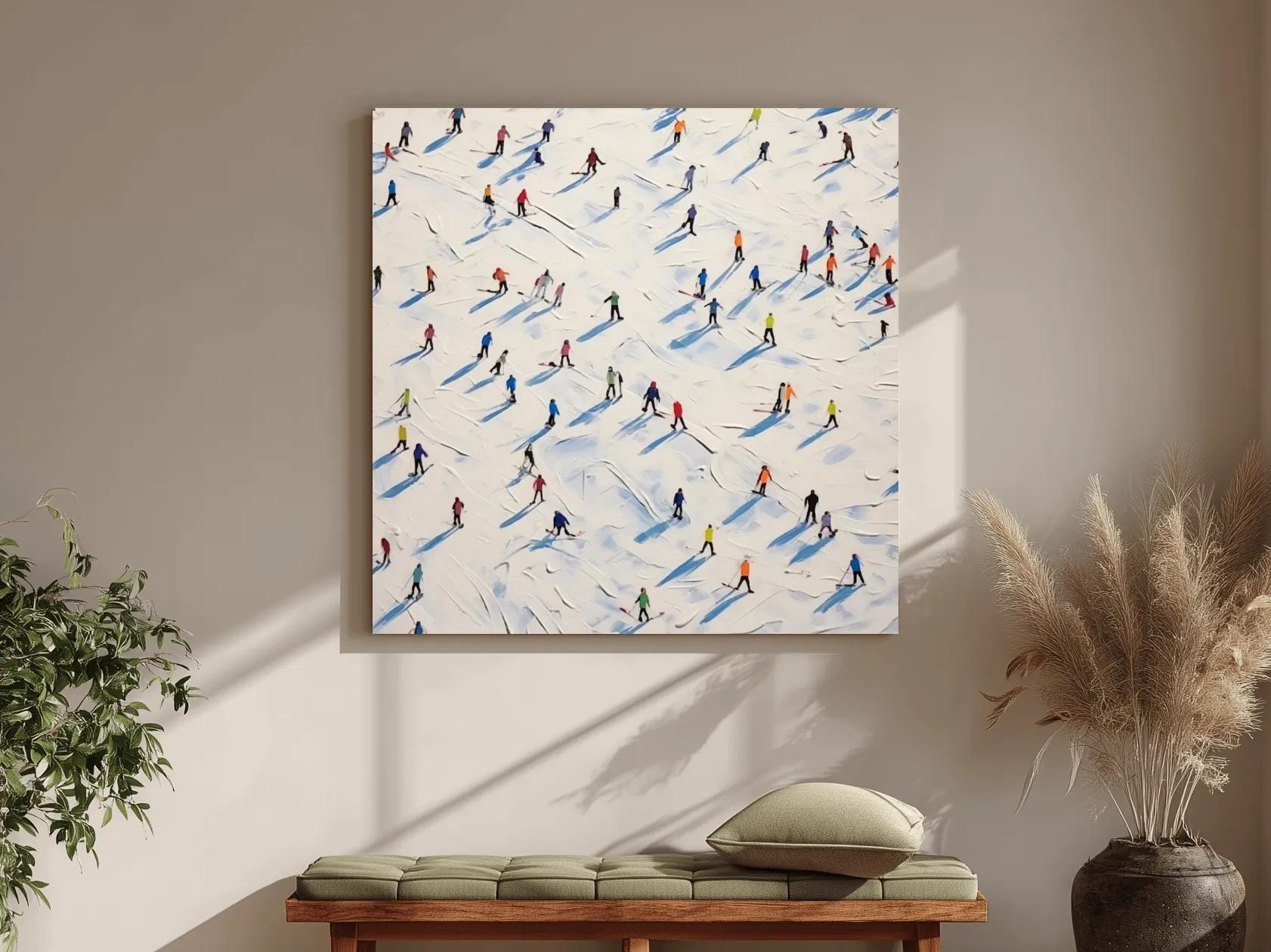 Tiny Skiers On Snowy Slopes - Modern Winter Sports Painting Wall Art