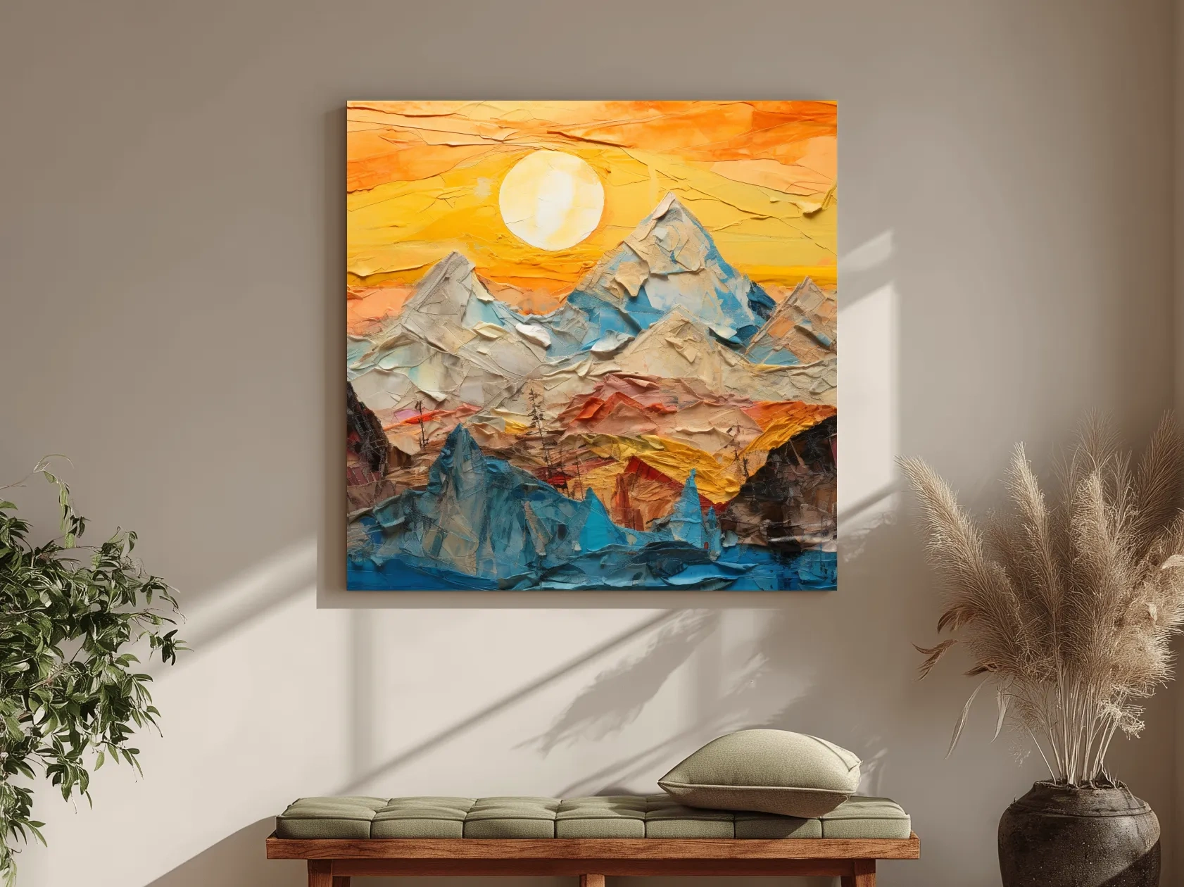 Collage Mountain Sunrise Painting - Warm Abstract Landscape Wall Art