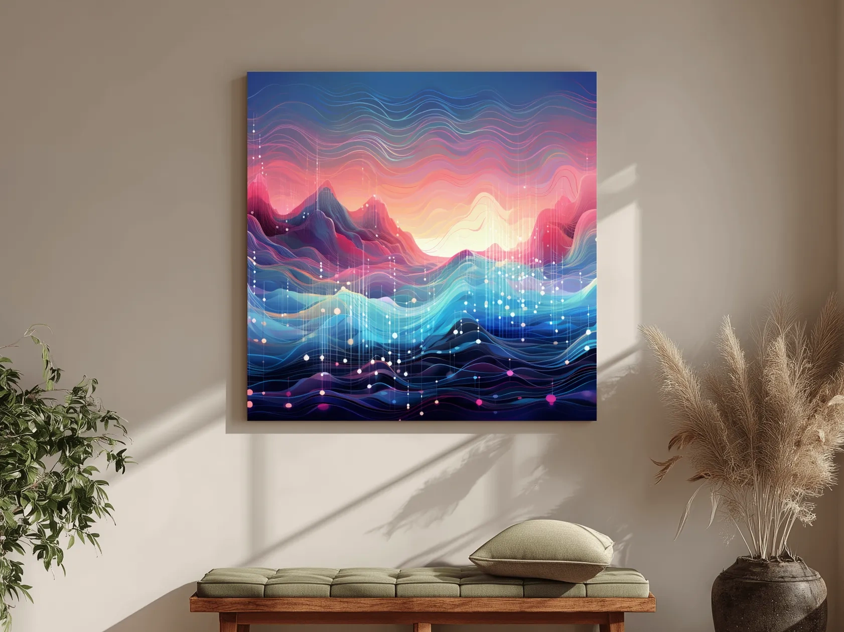 Funky Abstract Soundwave Mountain Patterns - Neon Sunset Landscape Wall Art