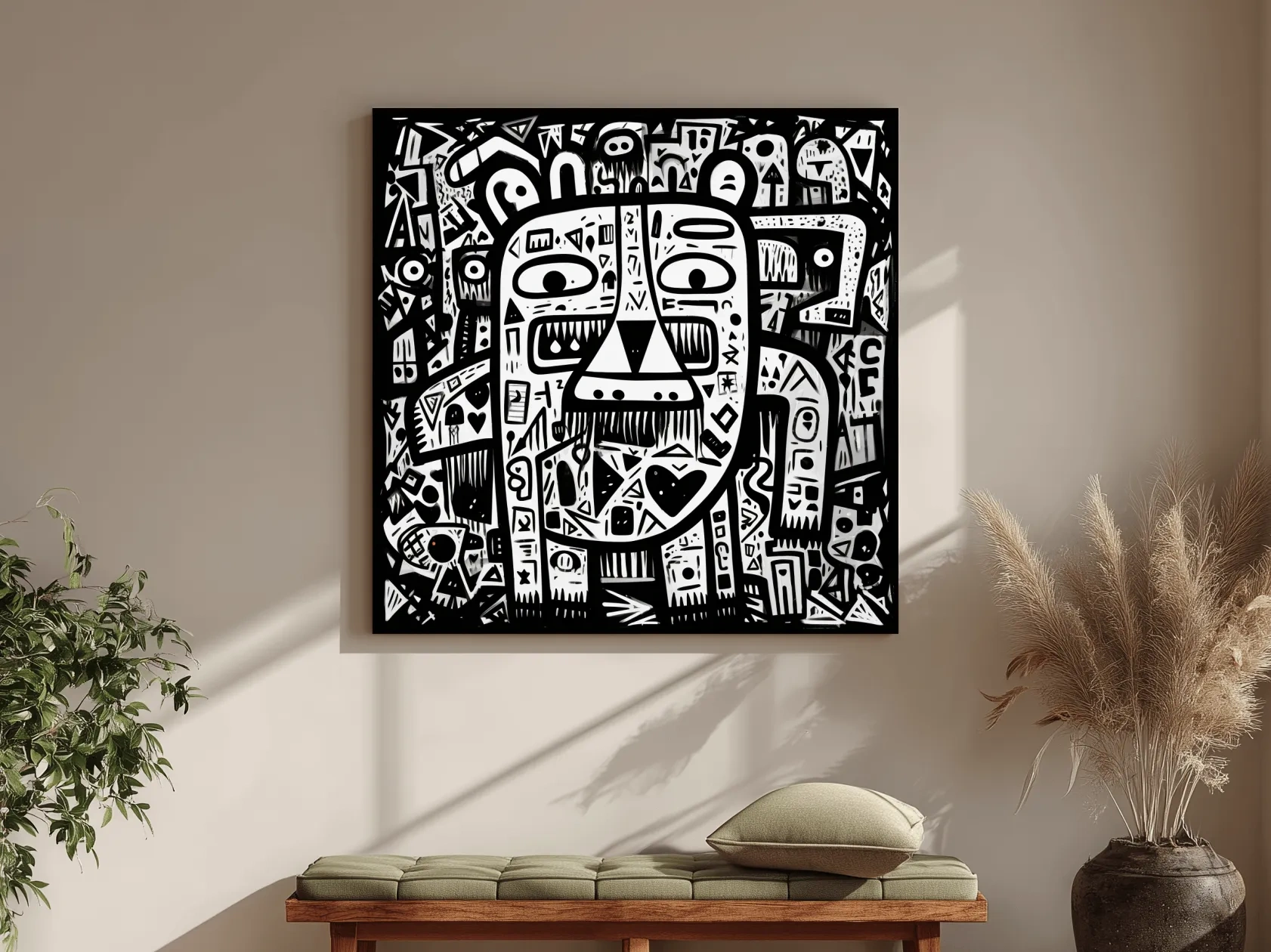 Abstract Black And White Graffiti Bear Doodle Art - Bold Geometric Animal Wall Art