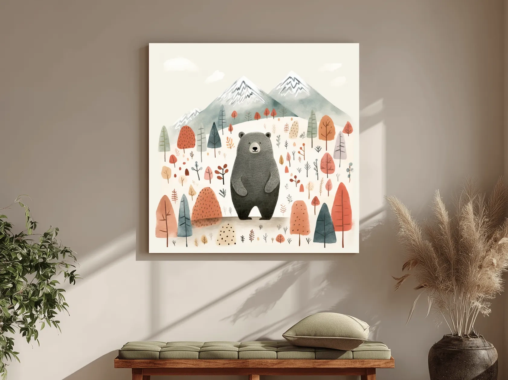 Cute Bear In Autumn Mountains - Scandinavian Nursery Woodland Animal Wall Art