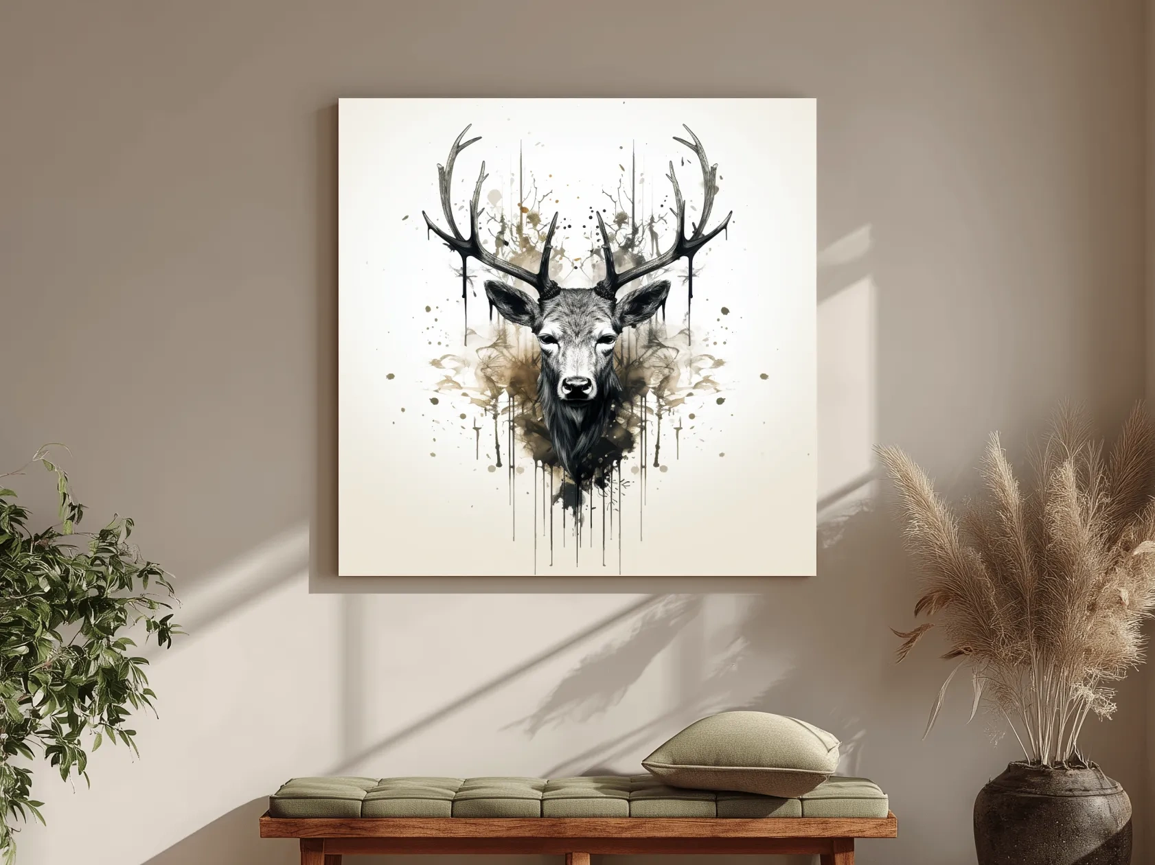 Watercolor Stag Portrait Rorschach Ink Splatter - Rustic Wildlife Artwork