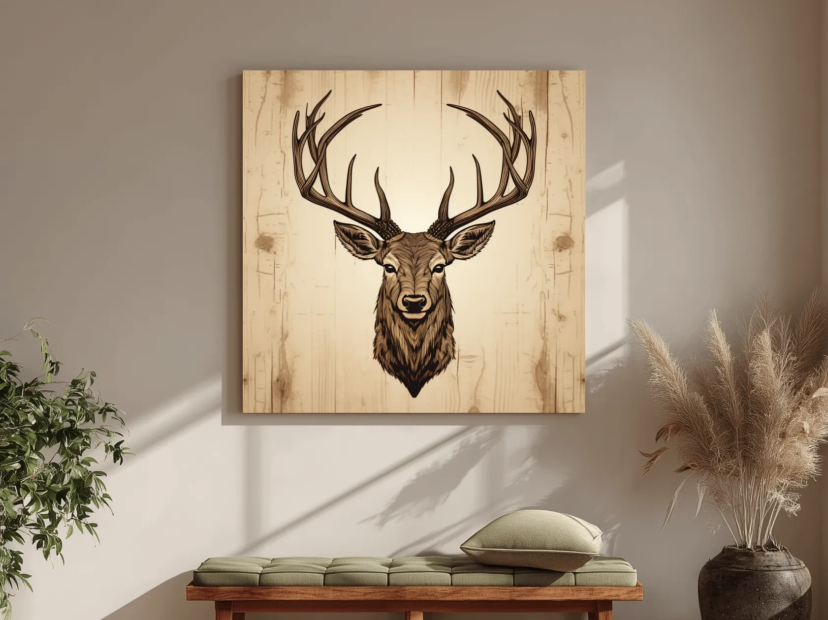 Rustic Stag Head Illustration - Vintage Woodland Cabin Wall Art