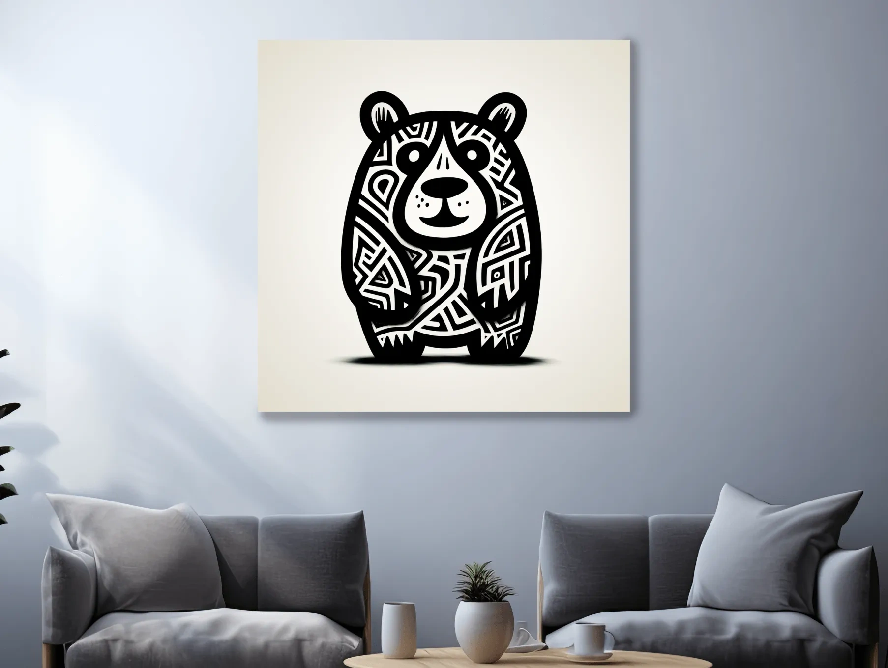 Tribal Cartoon Bear Illustration - Minimalist Black And White Wildlife Wall Art