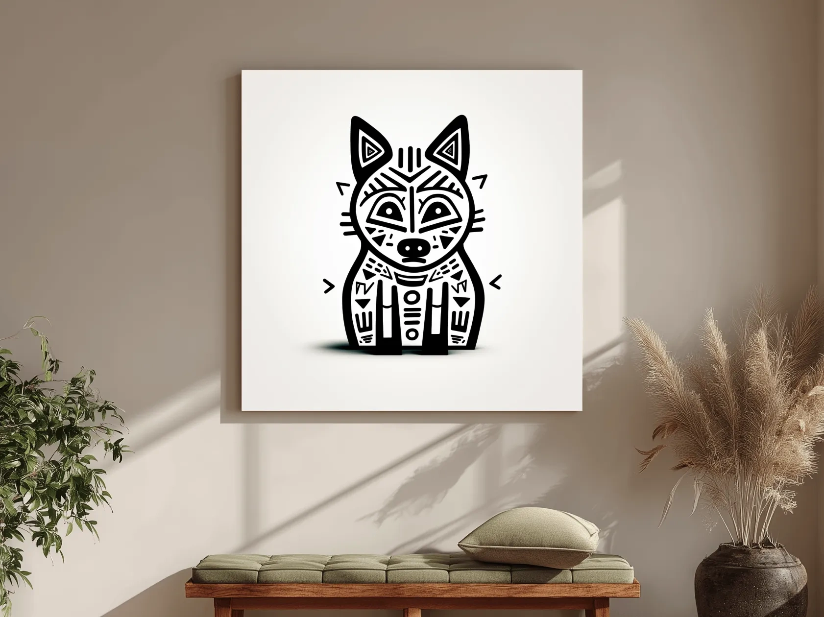 Minimalist Tribal Fox Line Art - Quirky Black And White Animal Wall Art