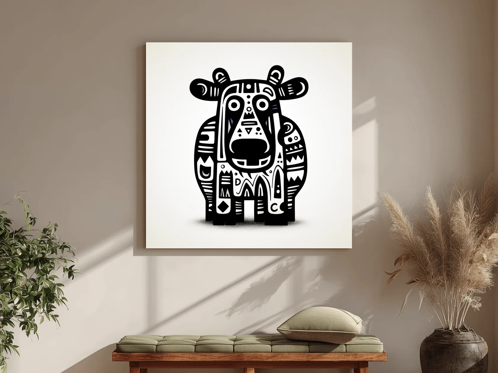 Tribal Folk Art Moose Illustration - Quirky Black And White Wildlife Wall Art