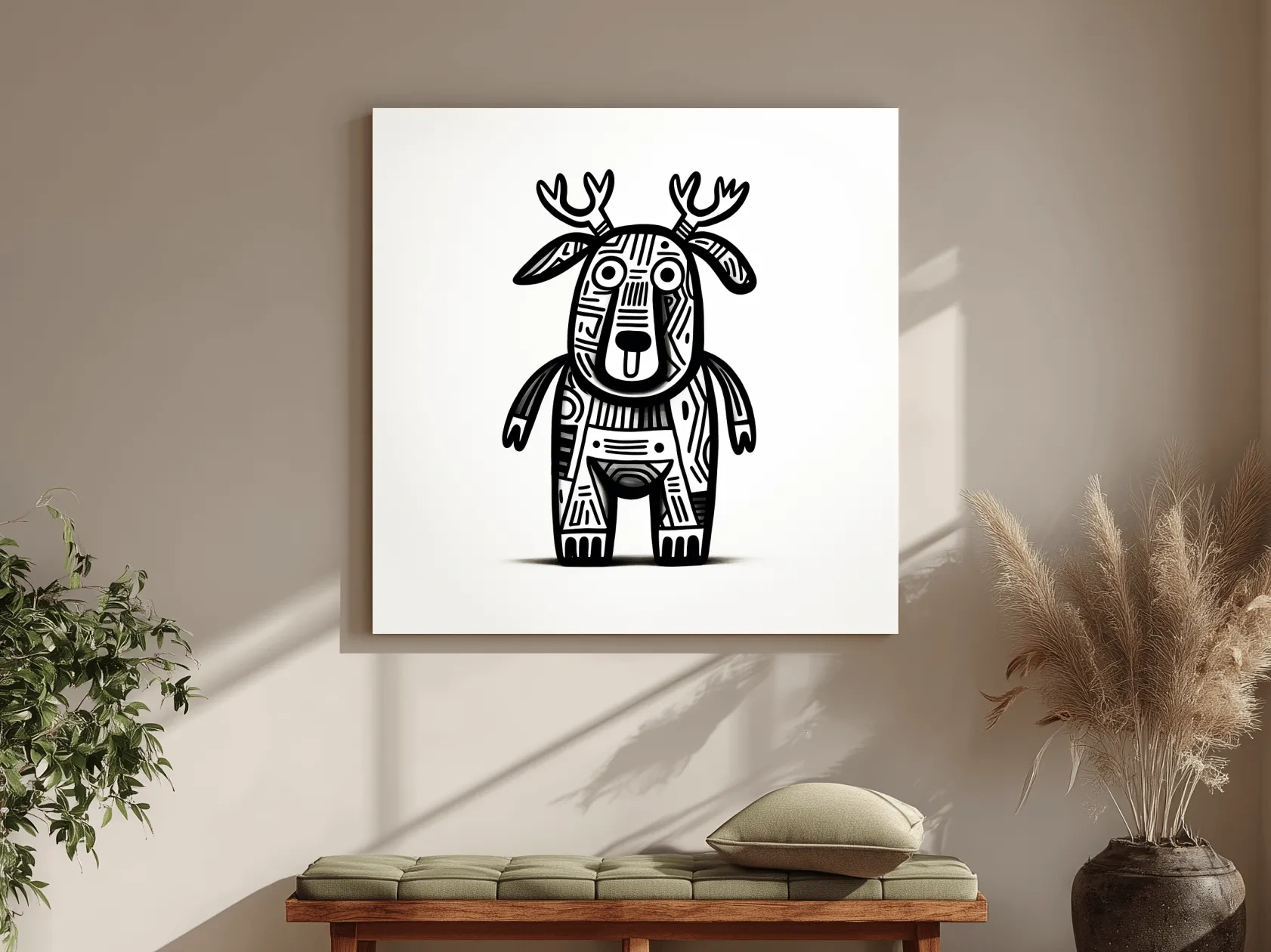 Whimsical Tribal Deer Illustration - Quirky Black And White Animal Wall Art