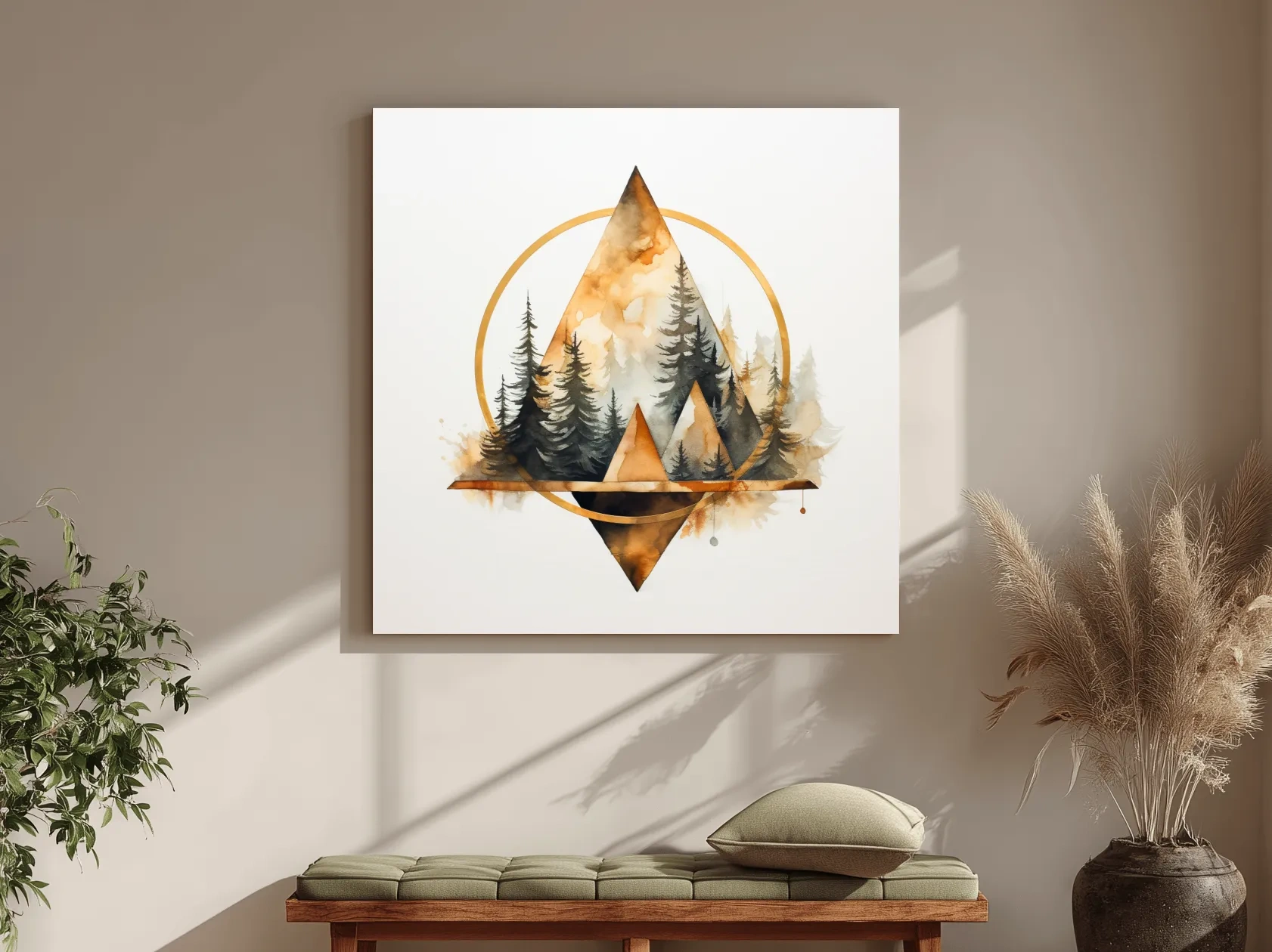 Geometric Watercolor Mountain & Pine Forest - Modern Rustic Nature Wall Art
