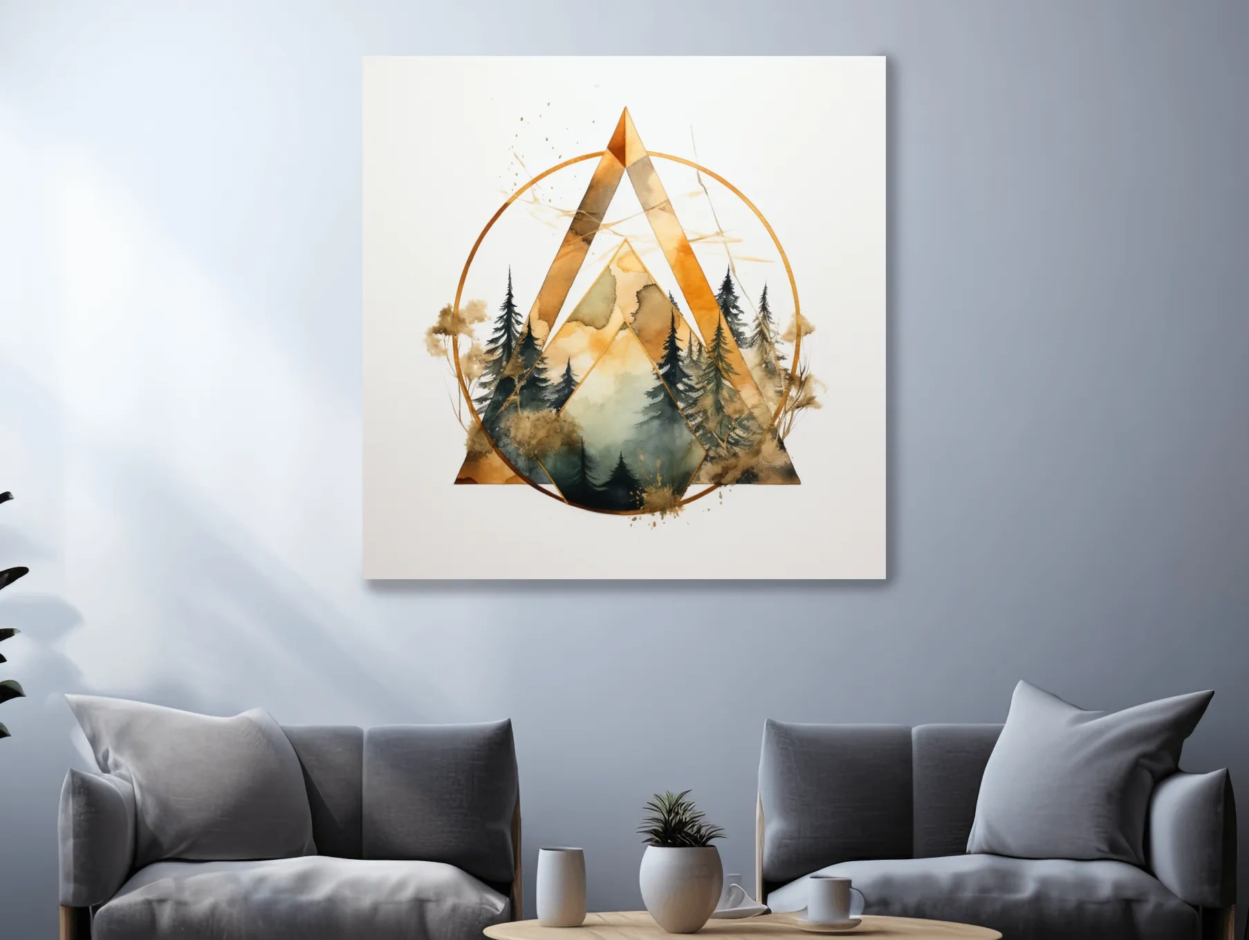 Geometric Watercolor Mountain Pine Forest - Modern Minimalist Nature Wall Art