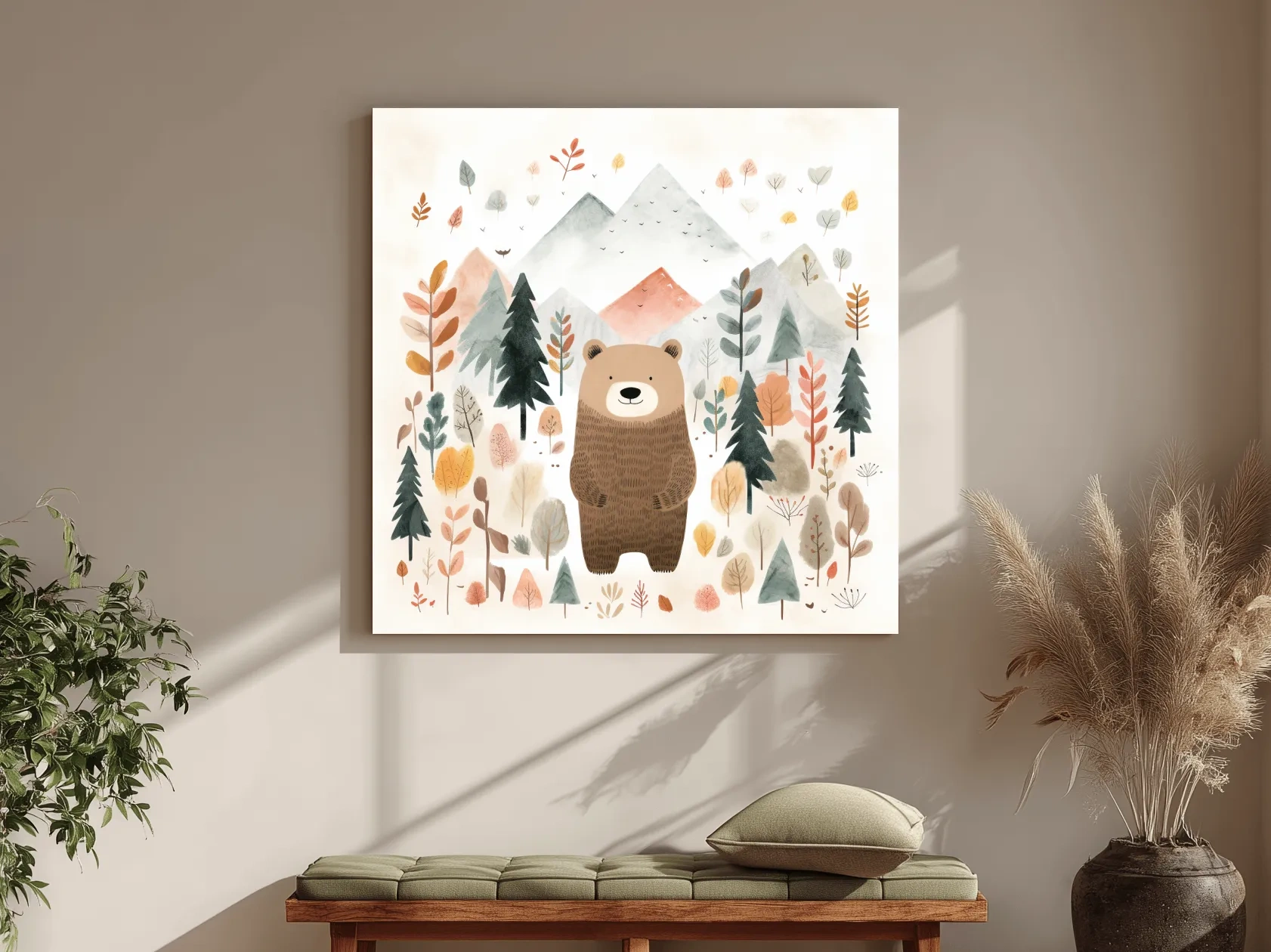 Cute Watercolor Bear Bear In Forest - Whimsical Mountain Nursery Wall Art