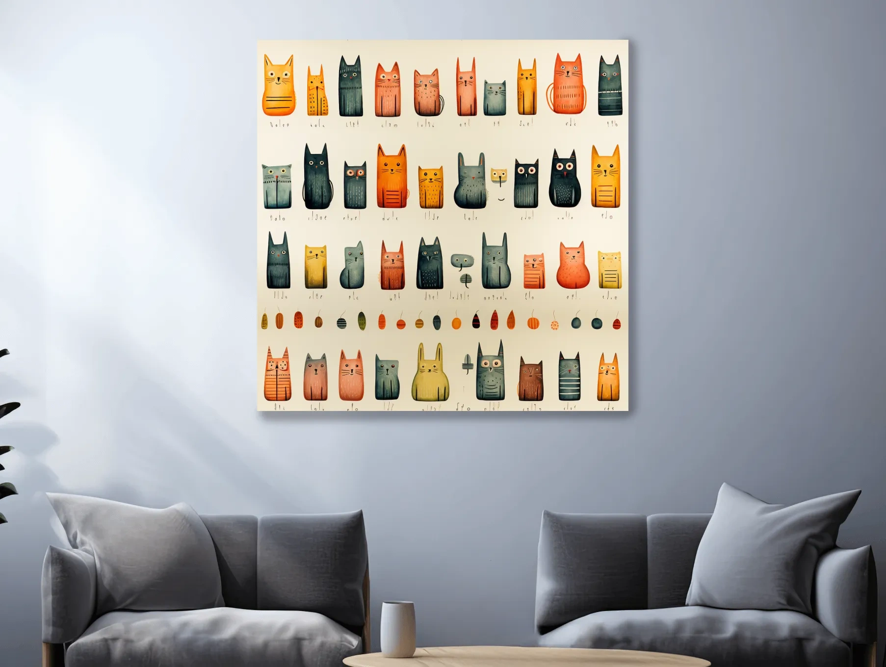 Whimsical Mid Century Cat Pattern Illustration - Colorful Nursery Wall Art