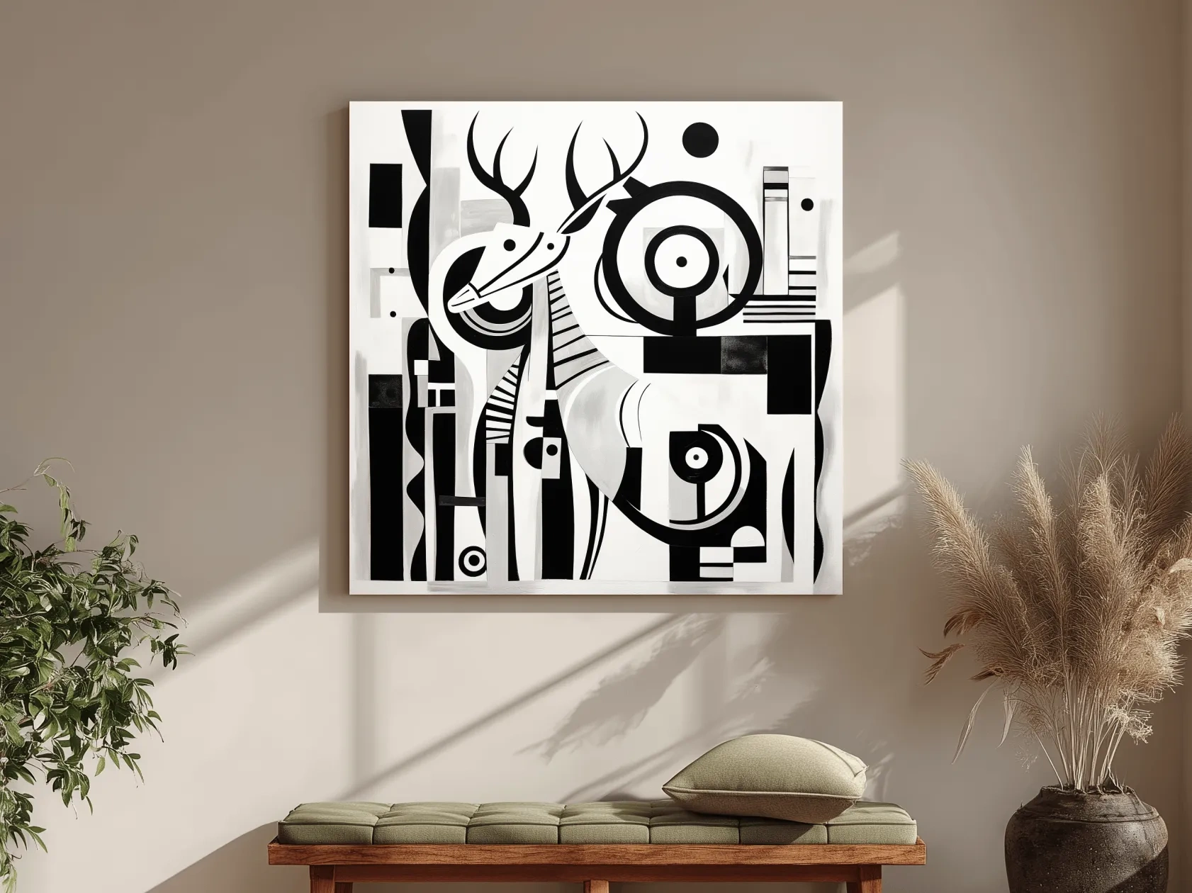 Abstract Geometric Deer Artwork - Mid-Century Black And White Animal Wall Art
