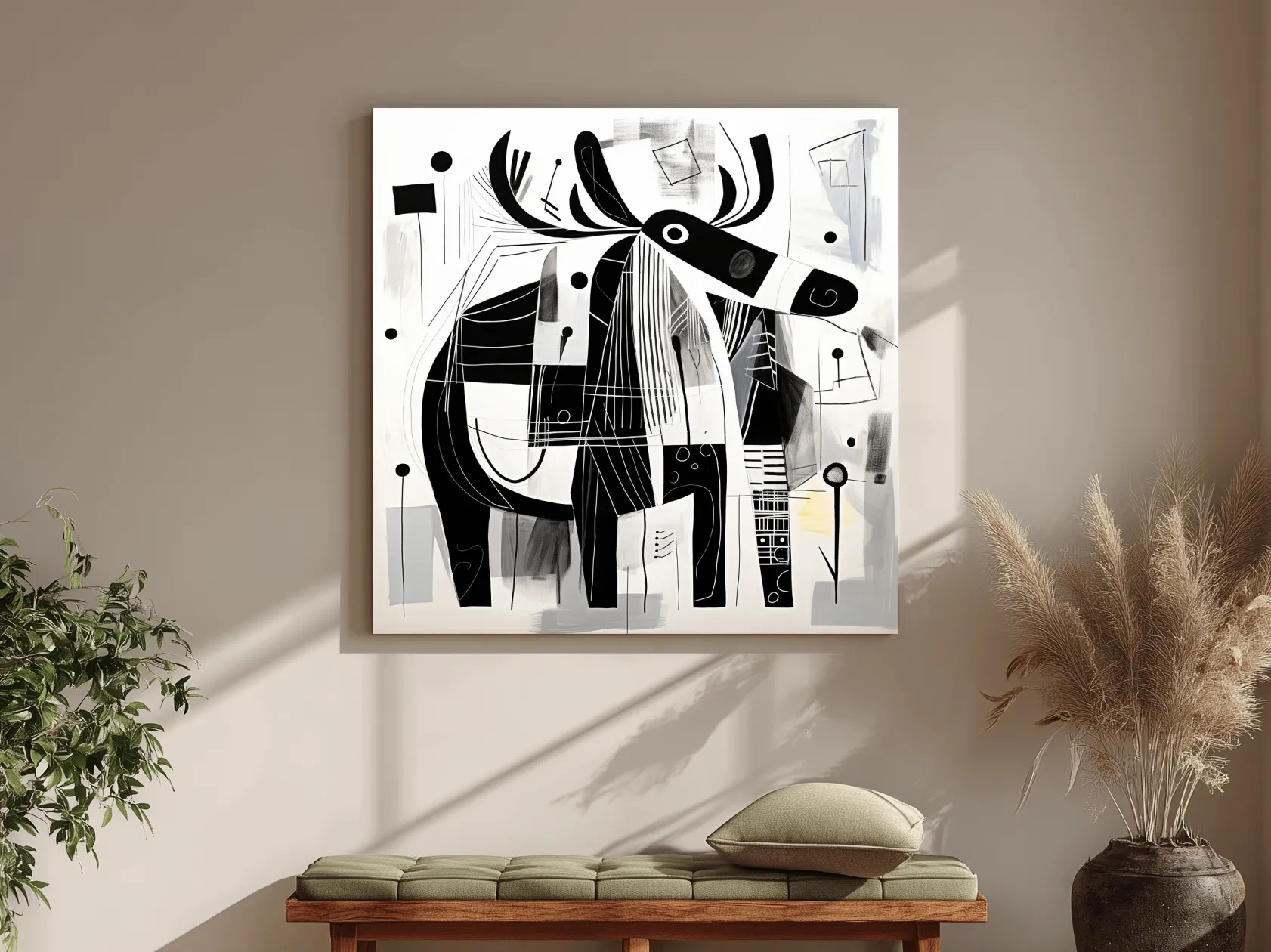 Abstract Monochrome Moose Illustration - Modern Geometric Wildlife Wall Art