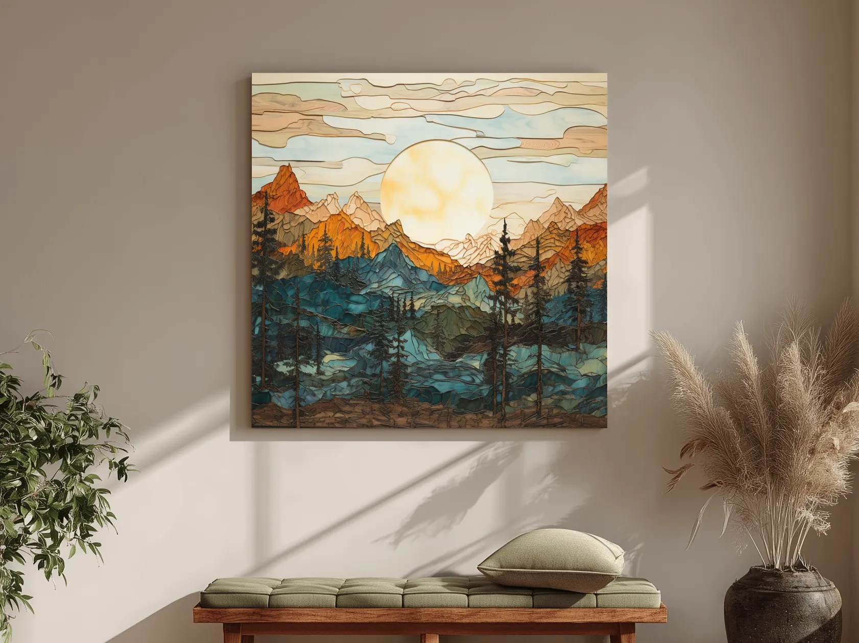 Stained Glass Mountain Sunset Landscape - Colorful Mosaic Forest Wall Art