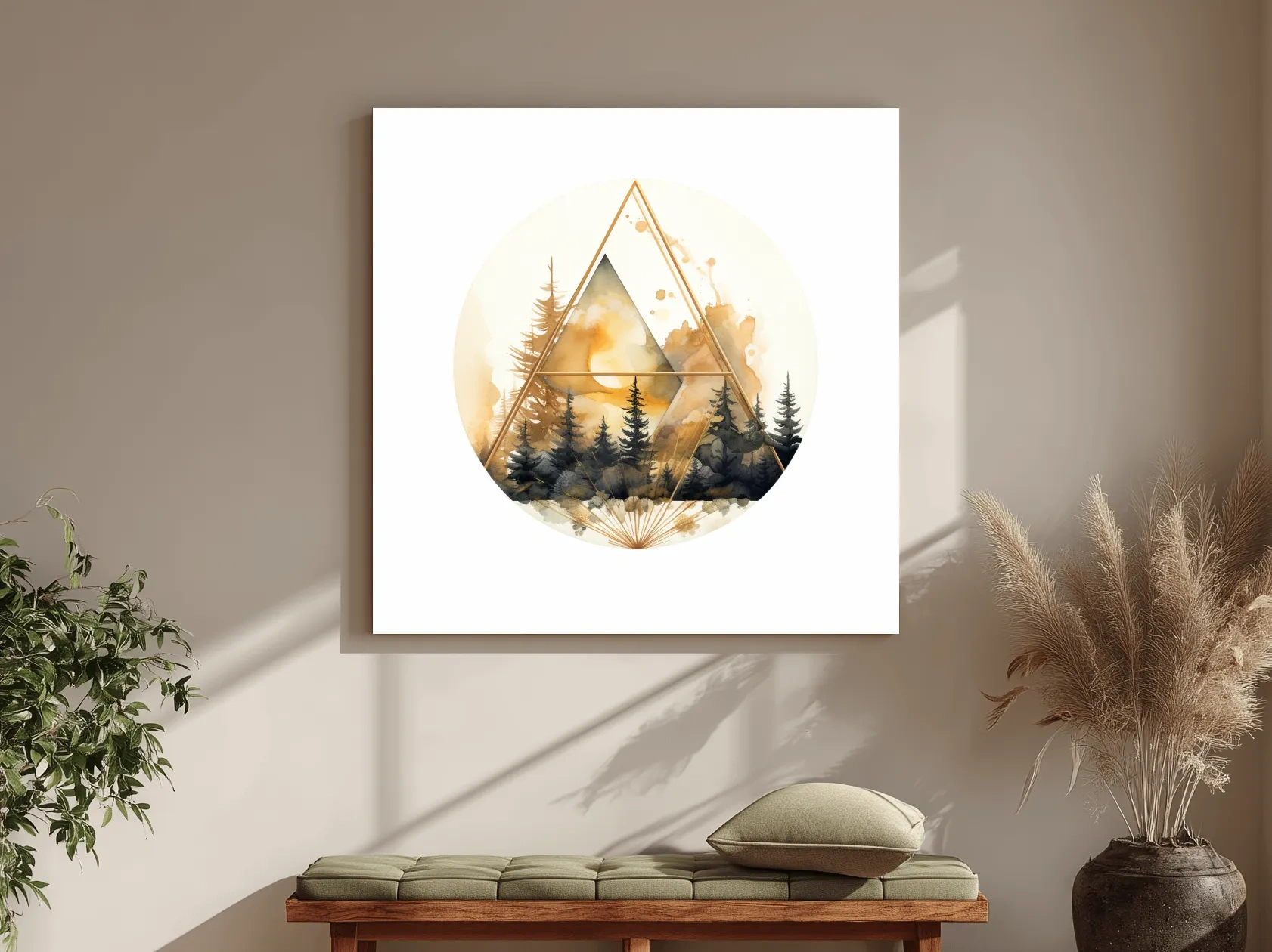 Elegent Geometric Watercolor Mountain Forest - Modern Rustic Landscape Wall Art