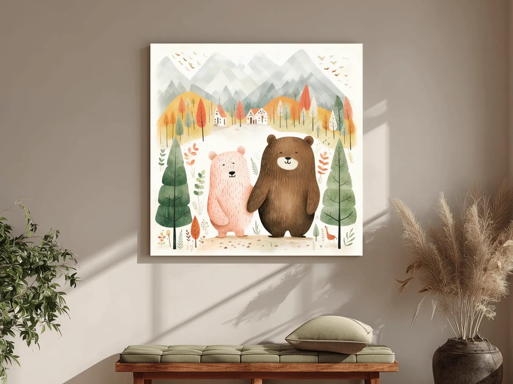 Cute Bear Couple Watercolor Illustration - Whimsical Mountain Forest Nursery Wall Art