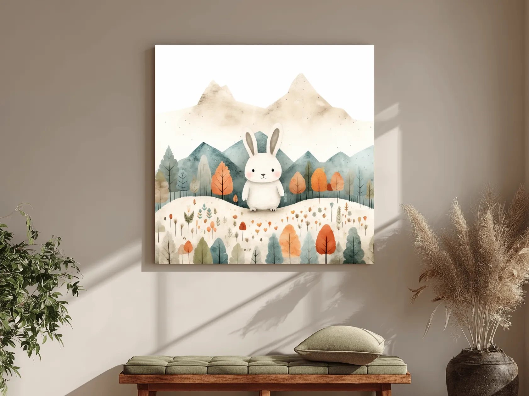 Cute Watercolor Bunny In Mountain Forest - Whimsical Nursery Woodland Wall Art