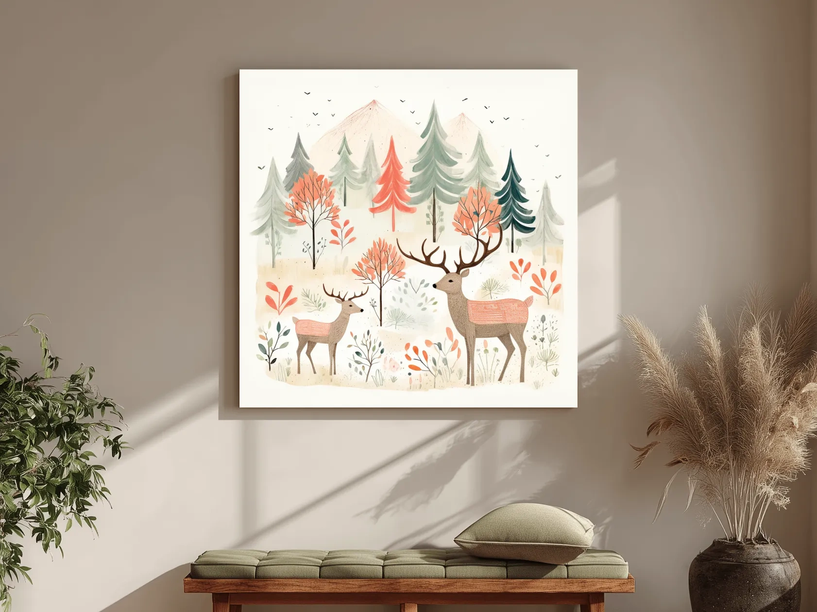 Whimsical Watercolor Deer Forest Storybook Scene - Scandinavian Woodland Nursery Wall Art