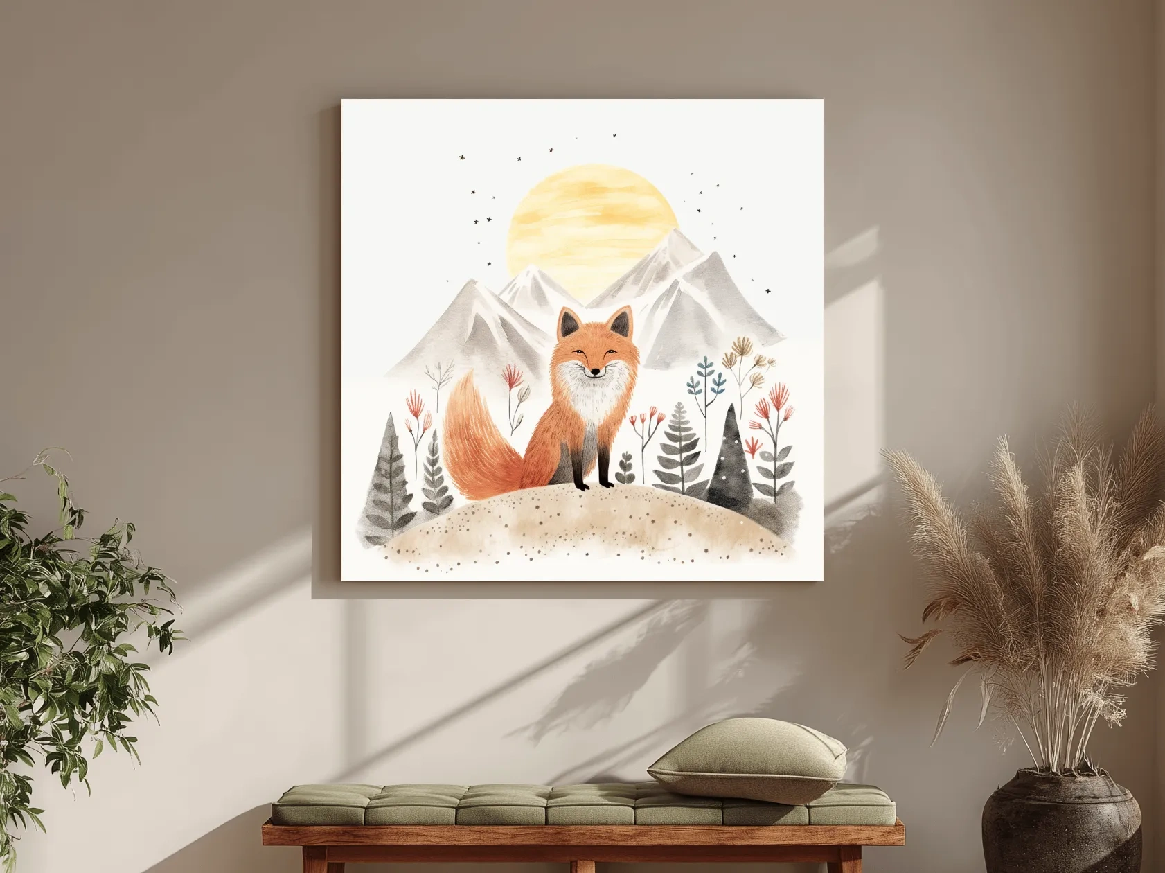 Whimsical Watercolor Fox Mountain Sunrise - Nursery Woodland Animal Wall Art