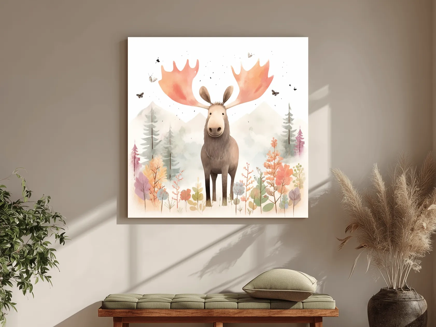 Whimsical Watercolor Moose In Pastel Forest - Storybook Nursery Animal Wall Art