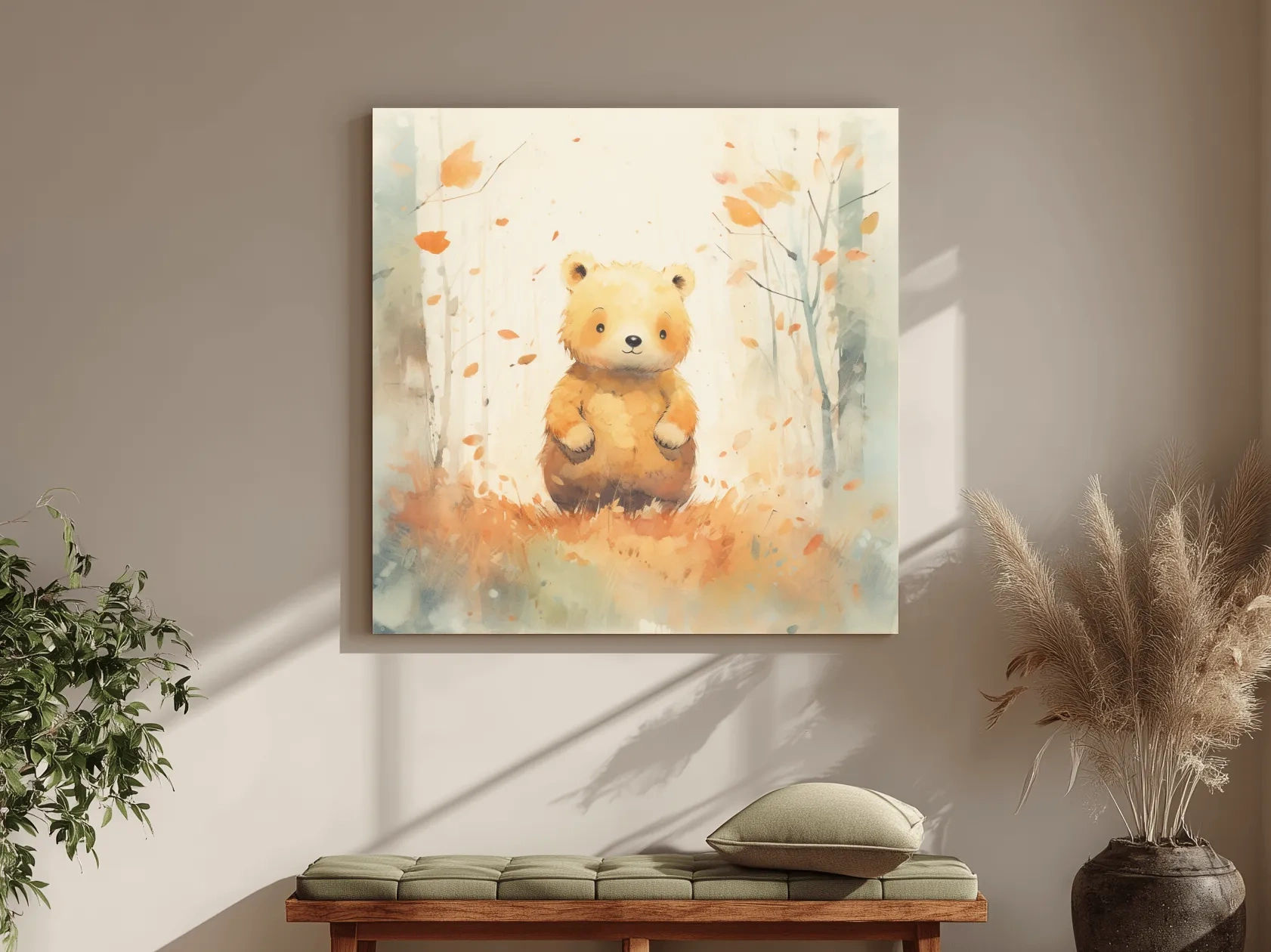 Cute Watercolor Bear Cub In Autumn Forest - Whimsical Nursery Animal Wall Art