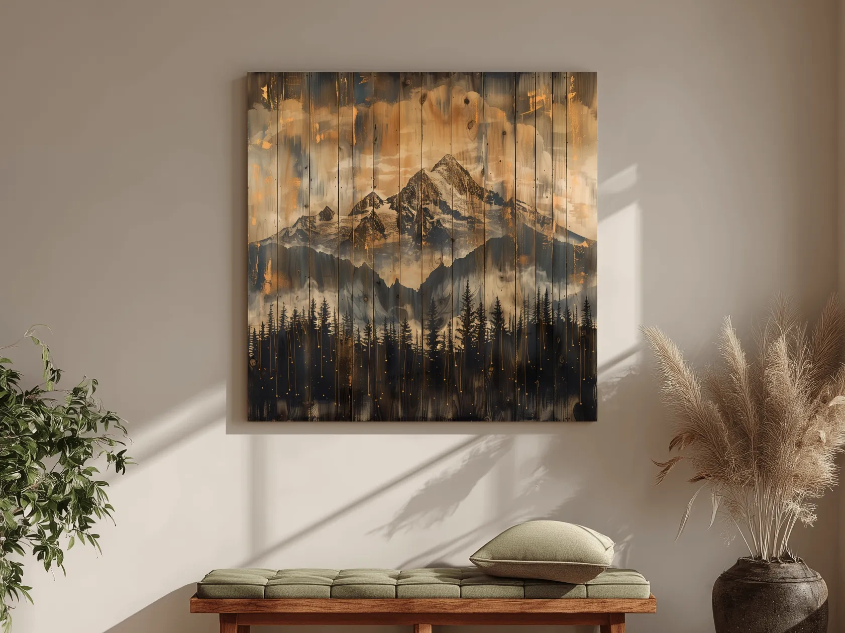 Rustic Mountain Range Over Pine Forest - Vintage Wood Panel Style Landscape Artwork
