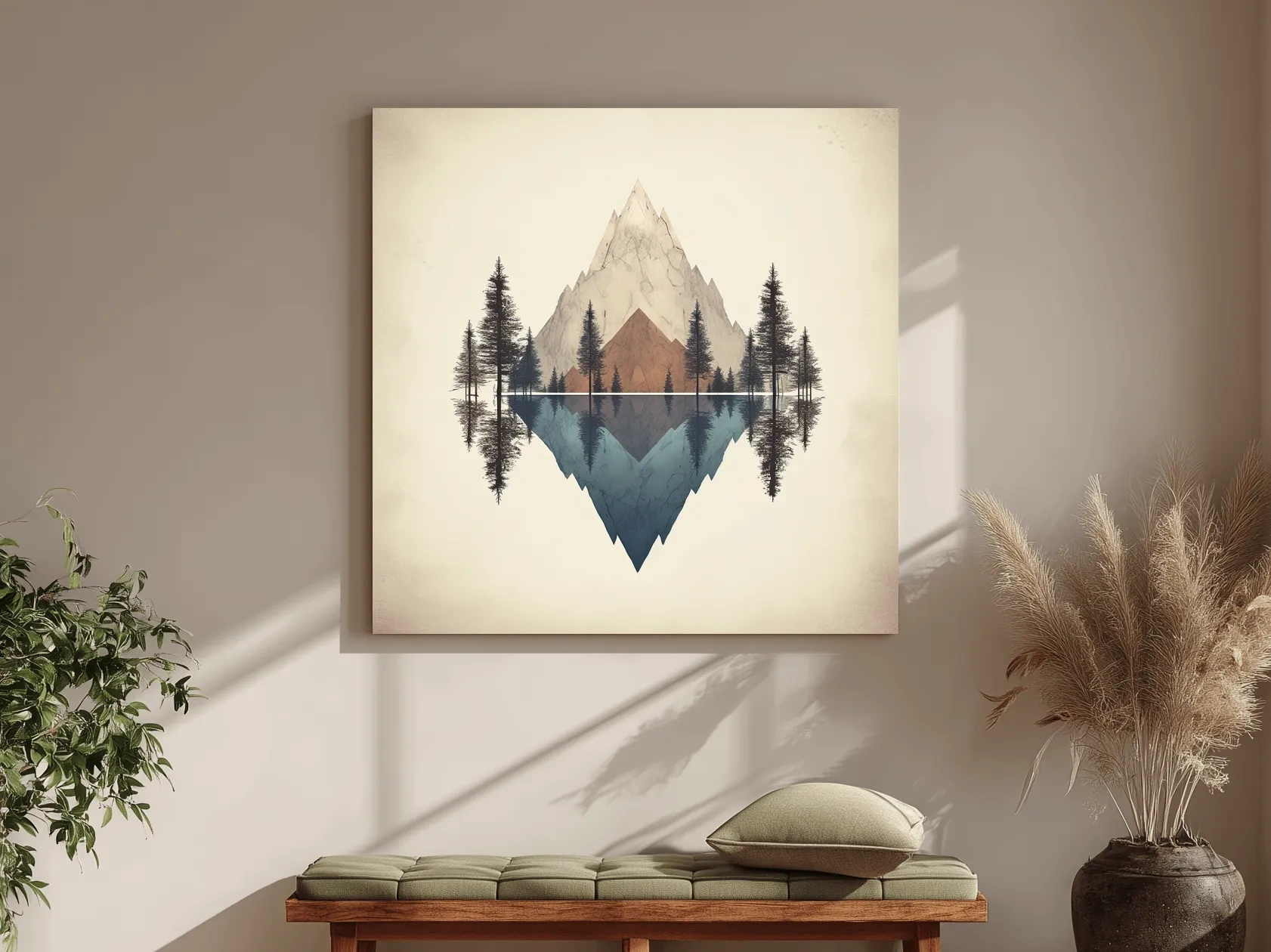 Minimalist Geometric Mountain Lake Reflection - Pine Forest Landscape Wall Art