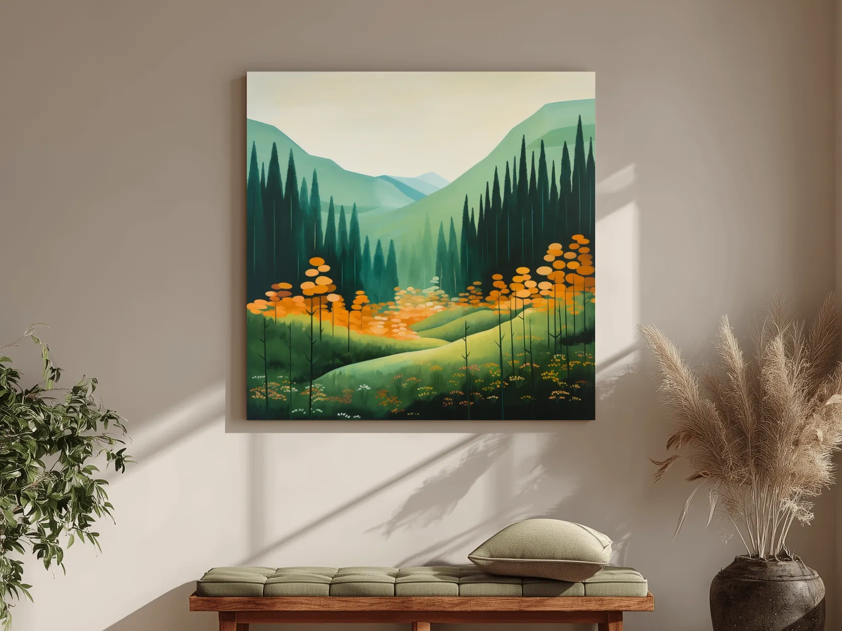 Serene Alpine Valley Pine Forest - Autumn Mountain Landscape Wall Art