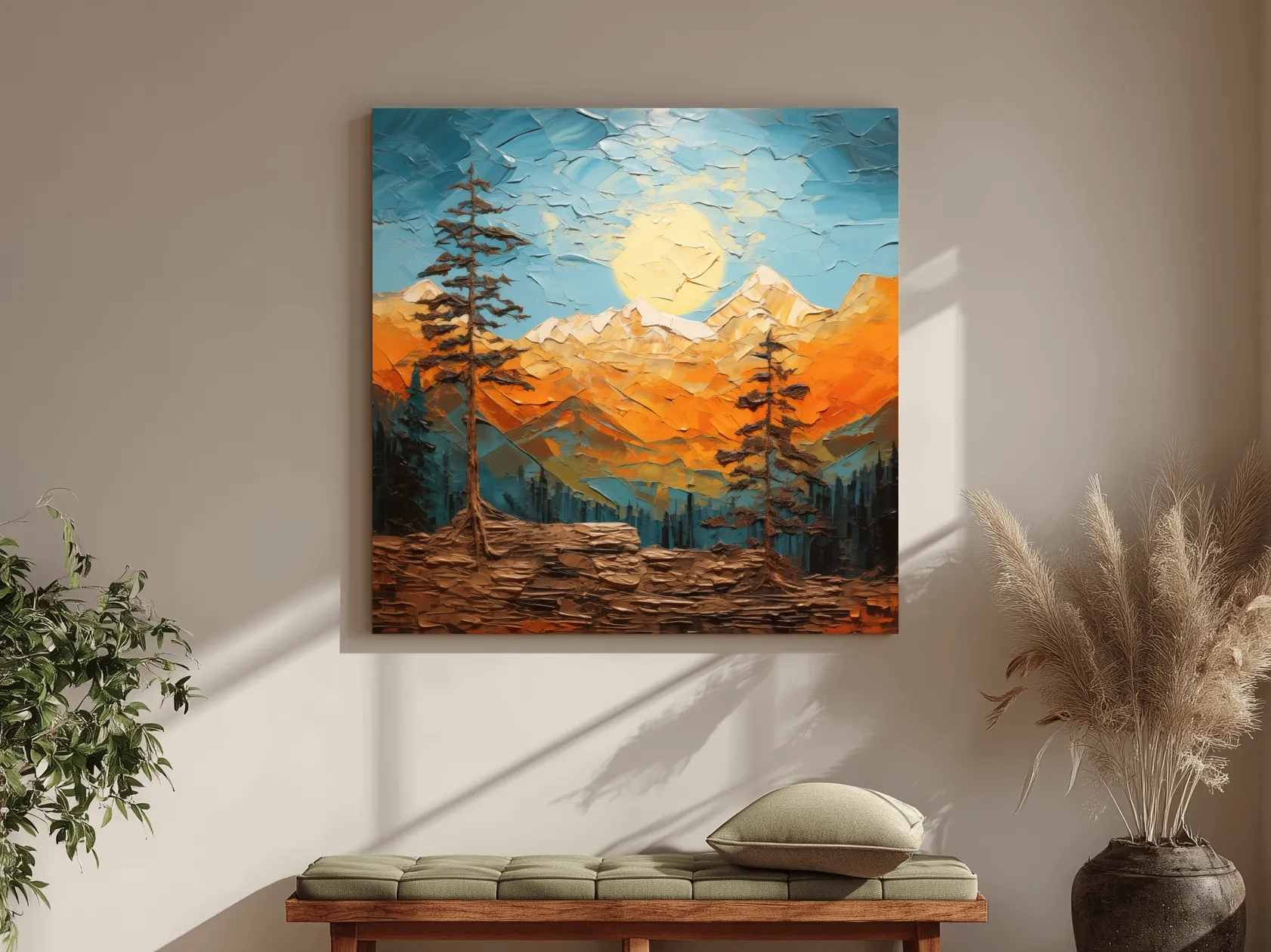 Impasto Style Mountain Sunrise Landscape - Bold Alpine Wall Art