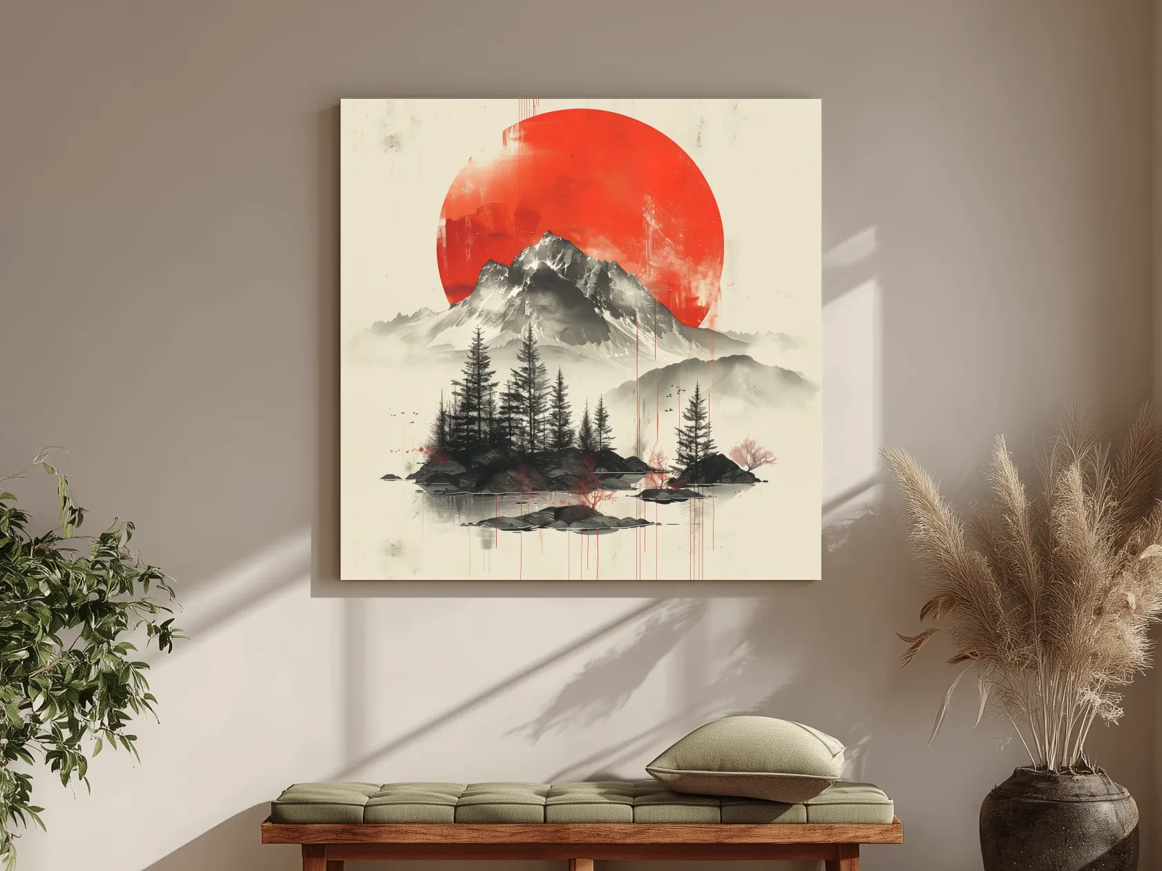 Japandi style minimalist artwork, sunset over a mountain glacier