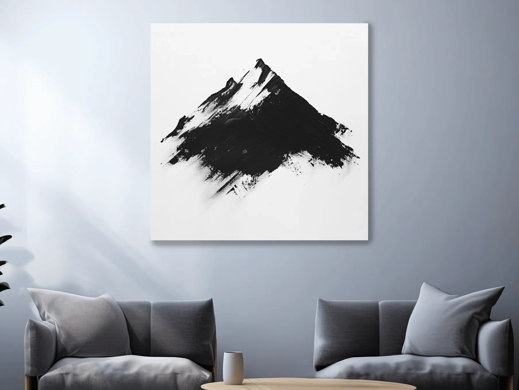 Minimalist Black Mountain Peak Painting - Monochrome Abstract Landscape Wall Art