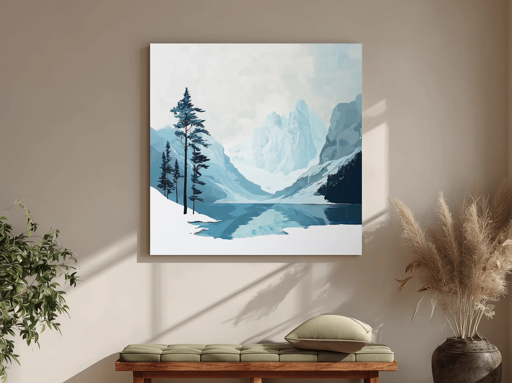 Minimalist Icy Mountain Lake - Scandinavian Winter Landscape Artwork
