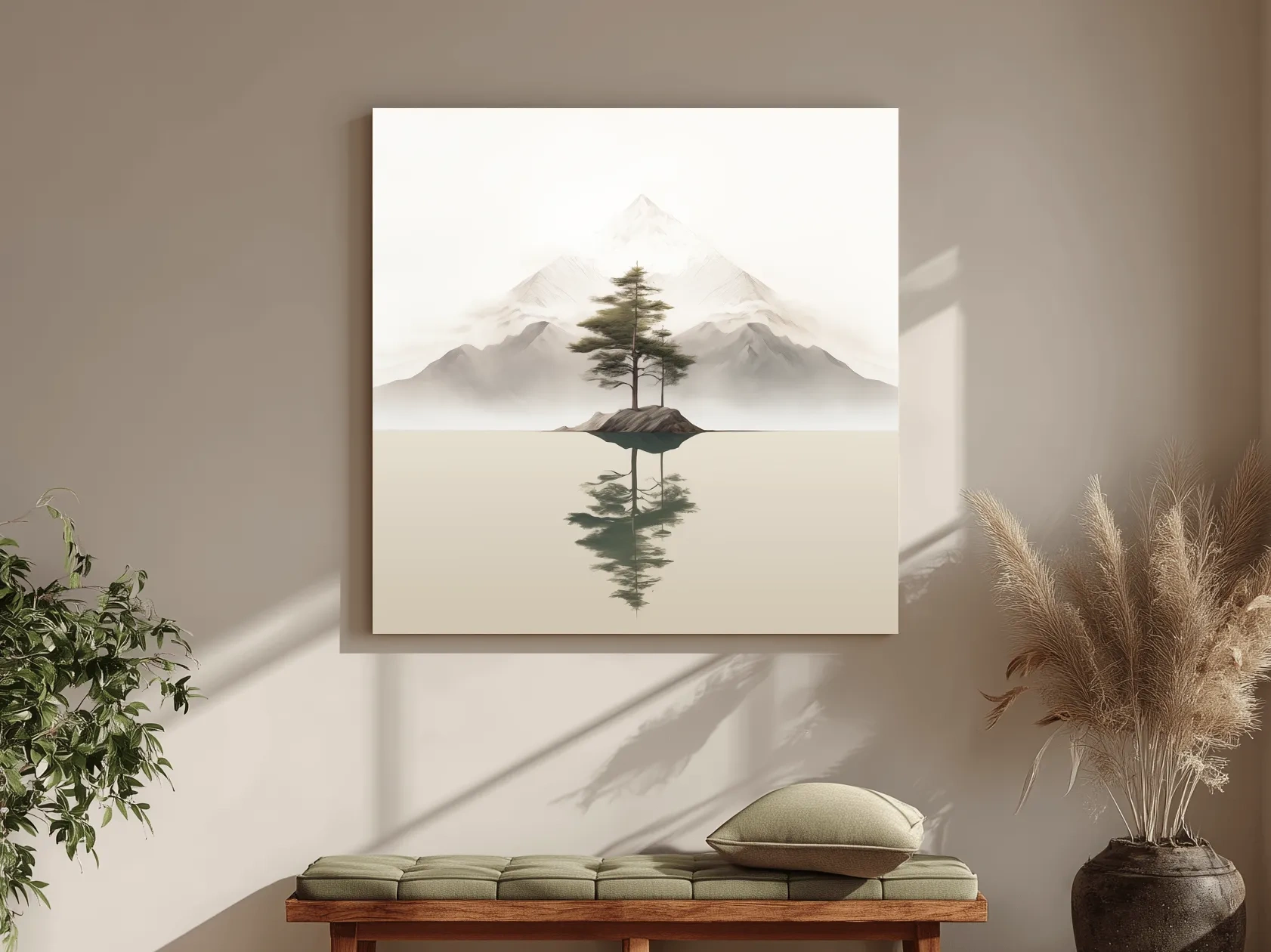 Minimalist Misty Lake Landscape Artwork - Serene Zen Pine Tree Reflection Art
