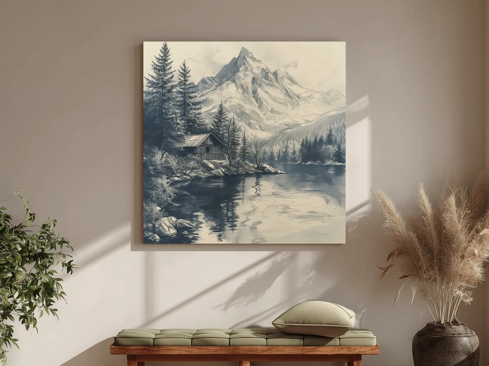 Vintage Alpine Cabin By Mountain Lake - Monochrome Pencil Sketch Landscape Wall Art