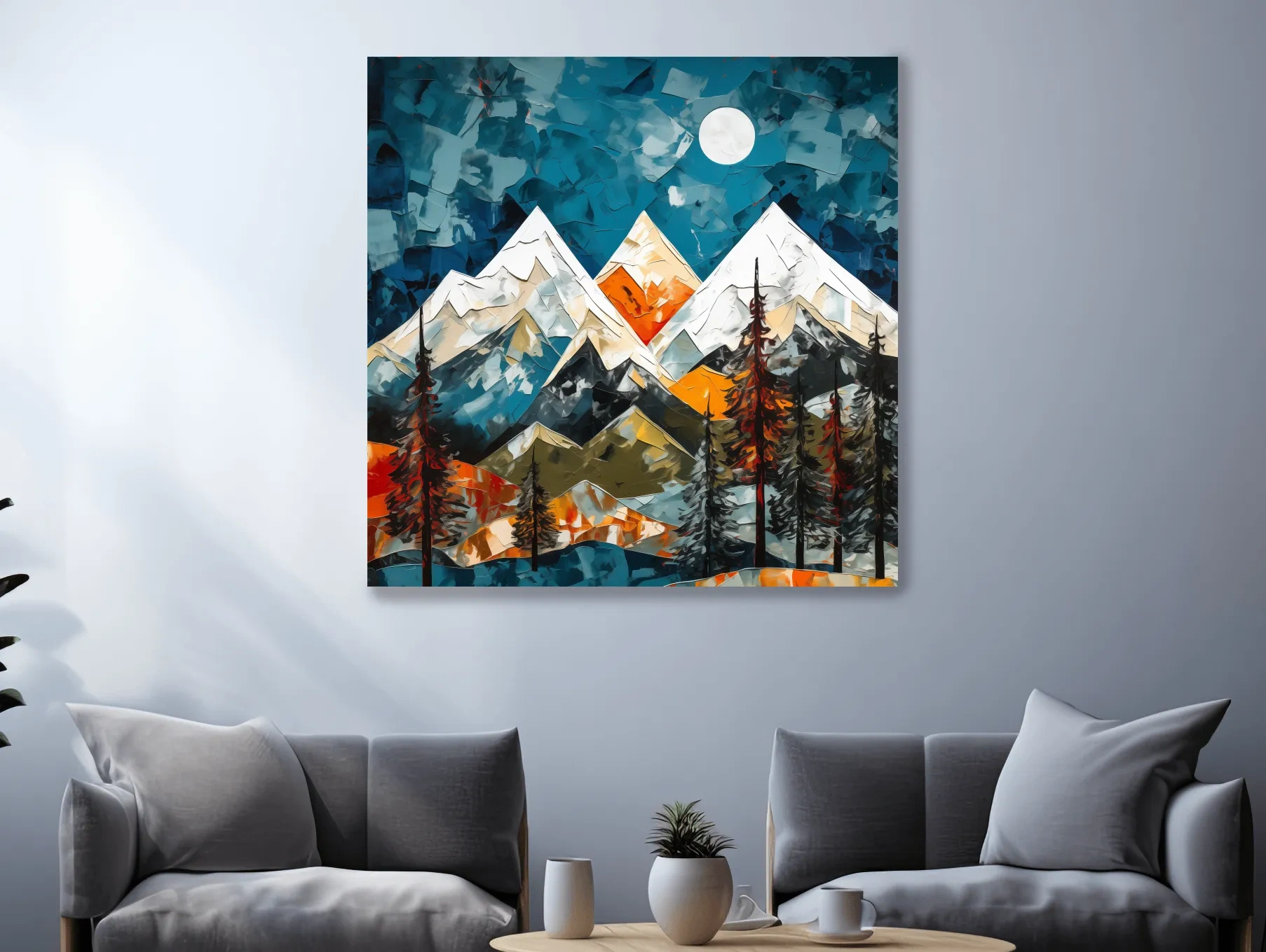 Abstract Impasto Style Mountain Nightscape - Moonlit Alpine Landscape Wall Art