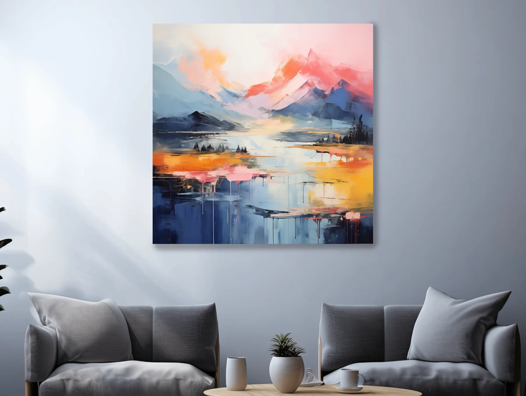Vibrant Abstract Mountain Lake Sunset Painting - Colorful Modern Landscape Wall Art