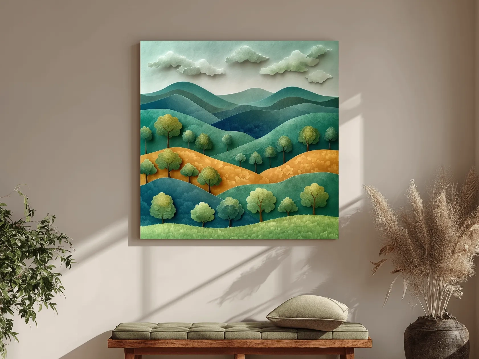 Whimsical Paper Cut Forest Hillscape - Layered 3D Mountains Landscape Wall Art