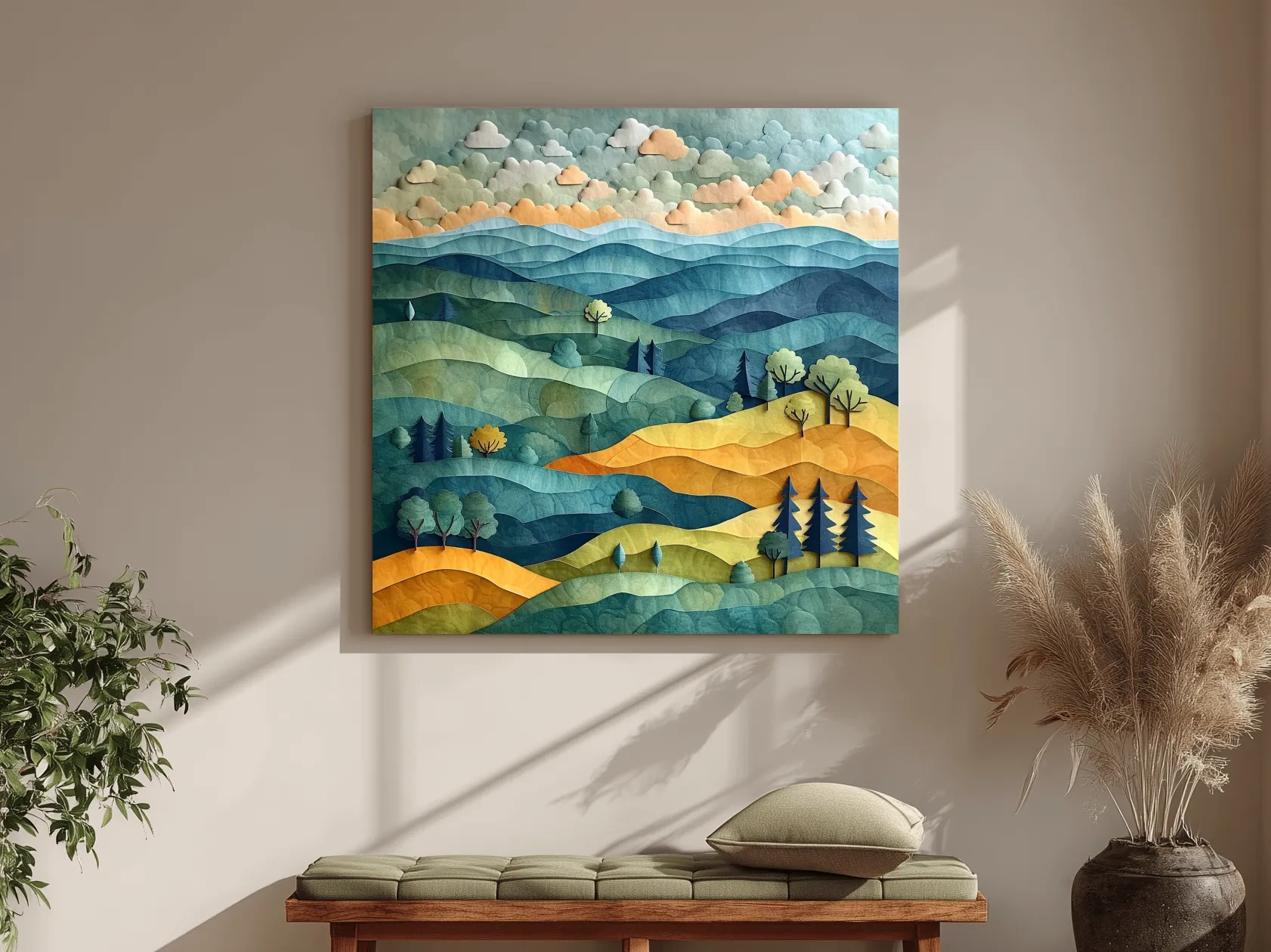 Layered Paper Cut Mountain Landscape - Mixed Media Forest Wall Art