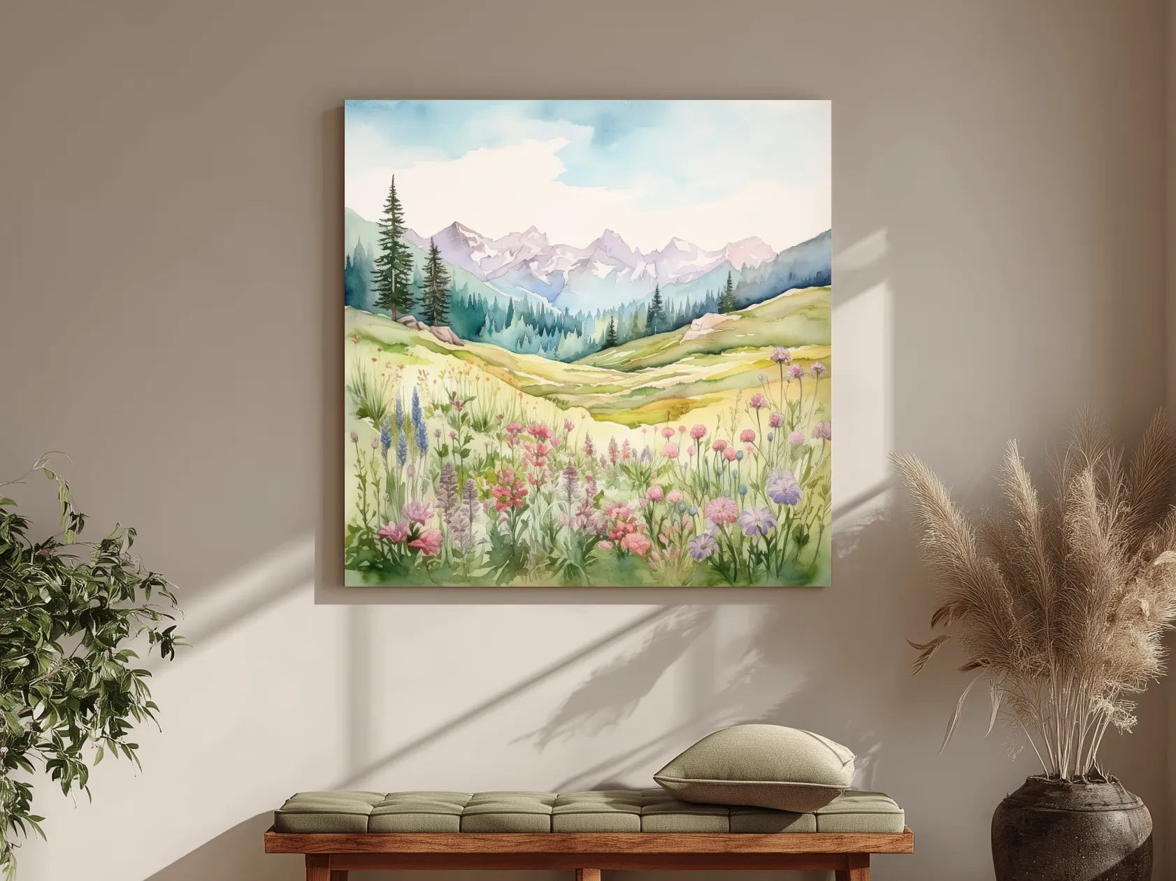 Alpine Meadows Wildflower Watercolour - Pastel Mountains Landscape Wall Art