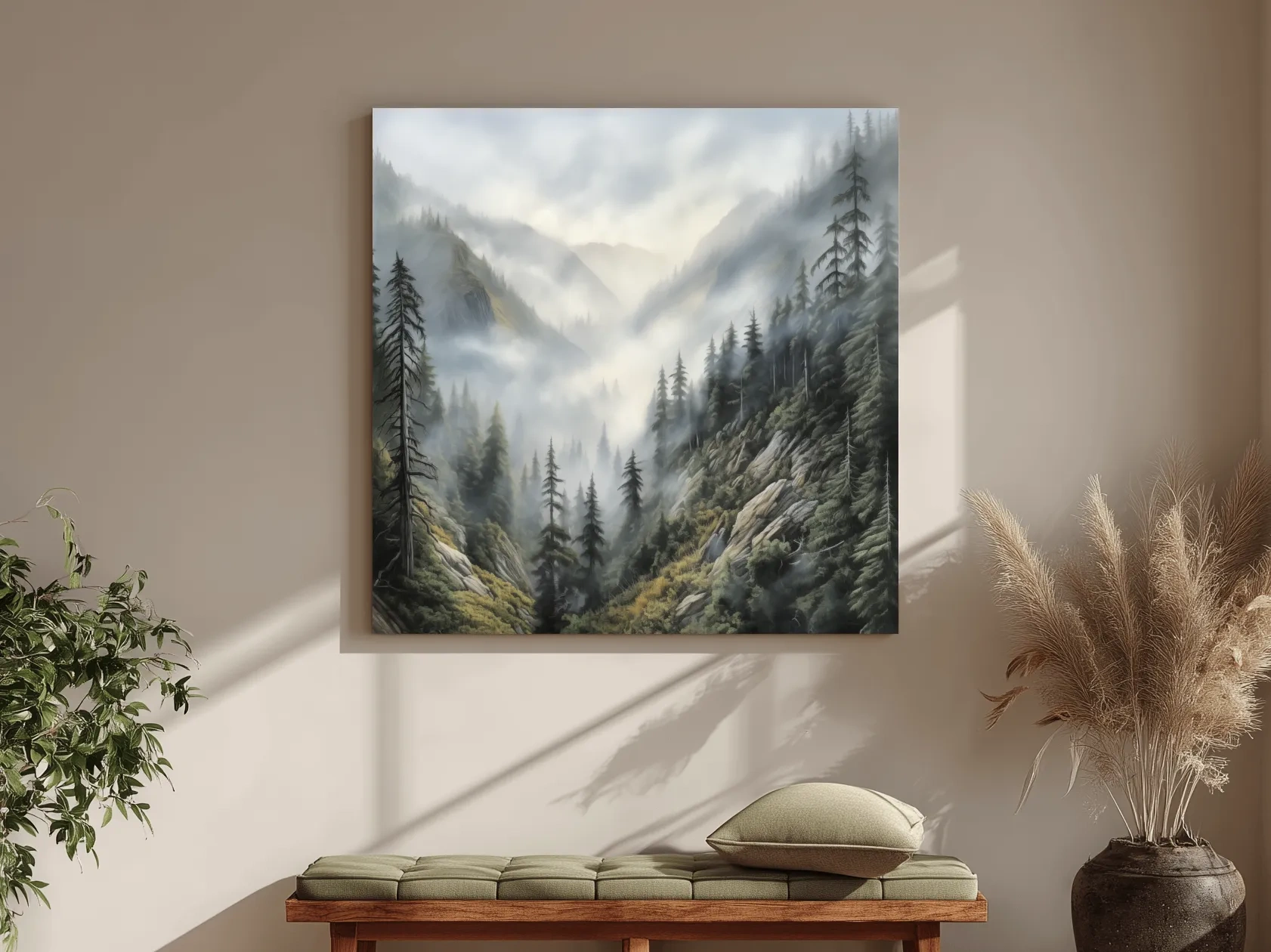 Misty Mountain Valley Pine Forest Painting - Foggy Alpine Landscape Wall Art
