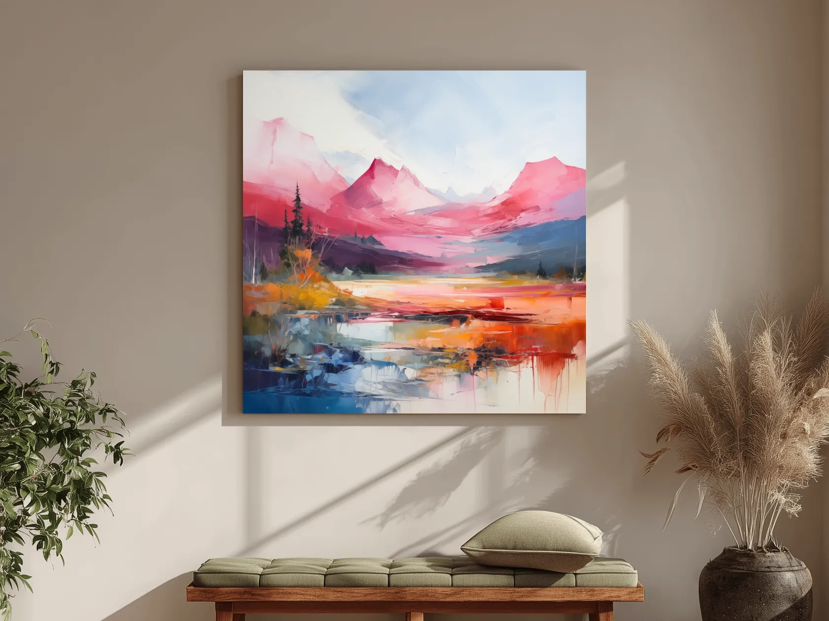 Vibrant Abstract Impressionist Alpine Lake Sunset Painting - Colorful Mountain Wall Art