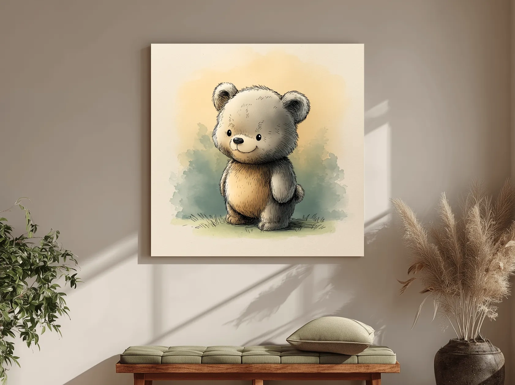 Cute Watercolor Teddy Bear Illustration - Whimsical Nursery Animal Wall Art