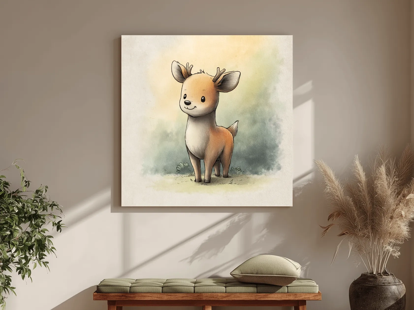 Cute Baby Deer Watercolor Illustration - Whimsical Woodland Nursery Wall Art