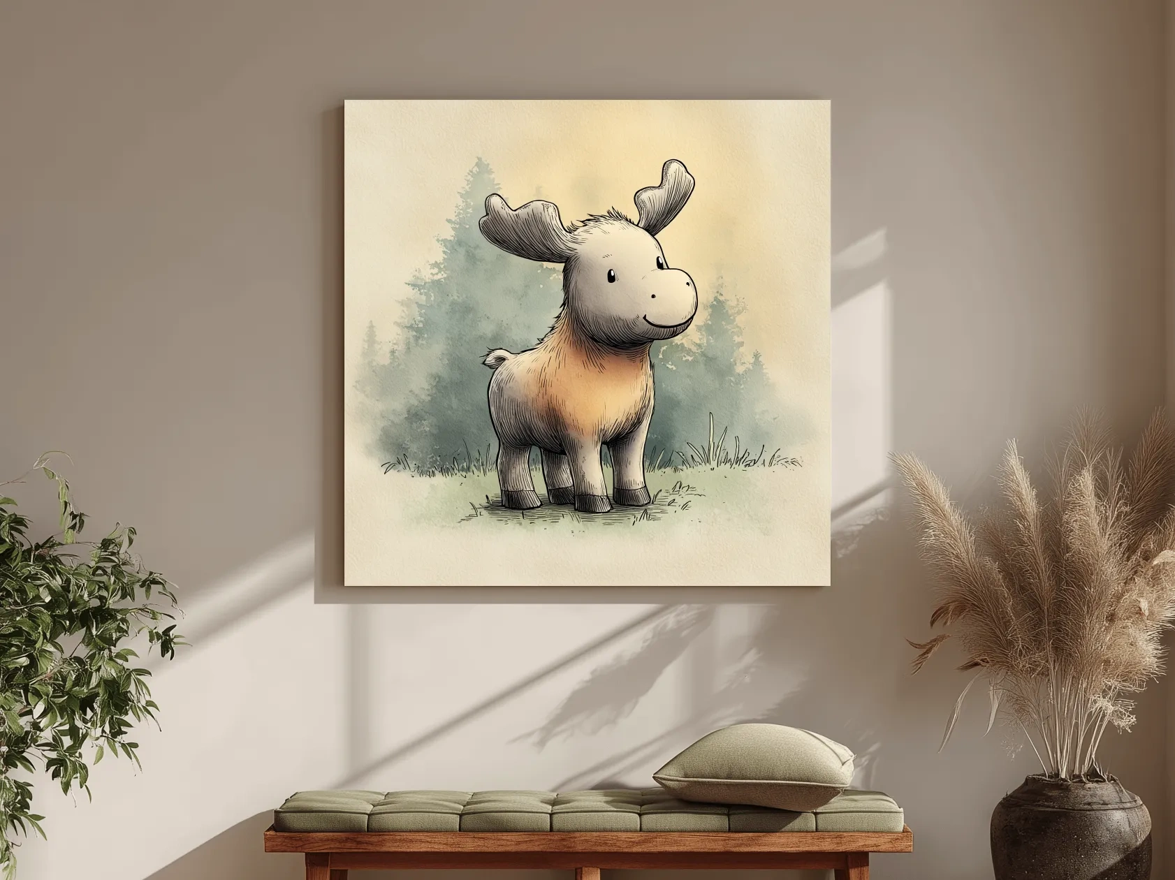 Cute Baby Moose Watercolor Illustration - Woodland Nursery Animal Wall Art