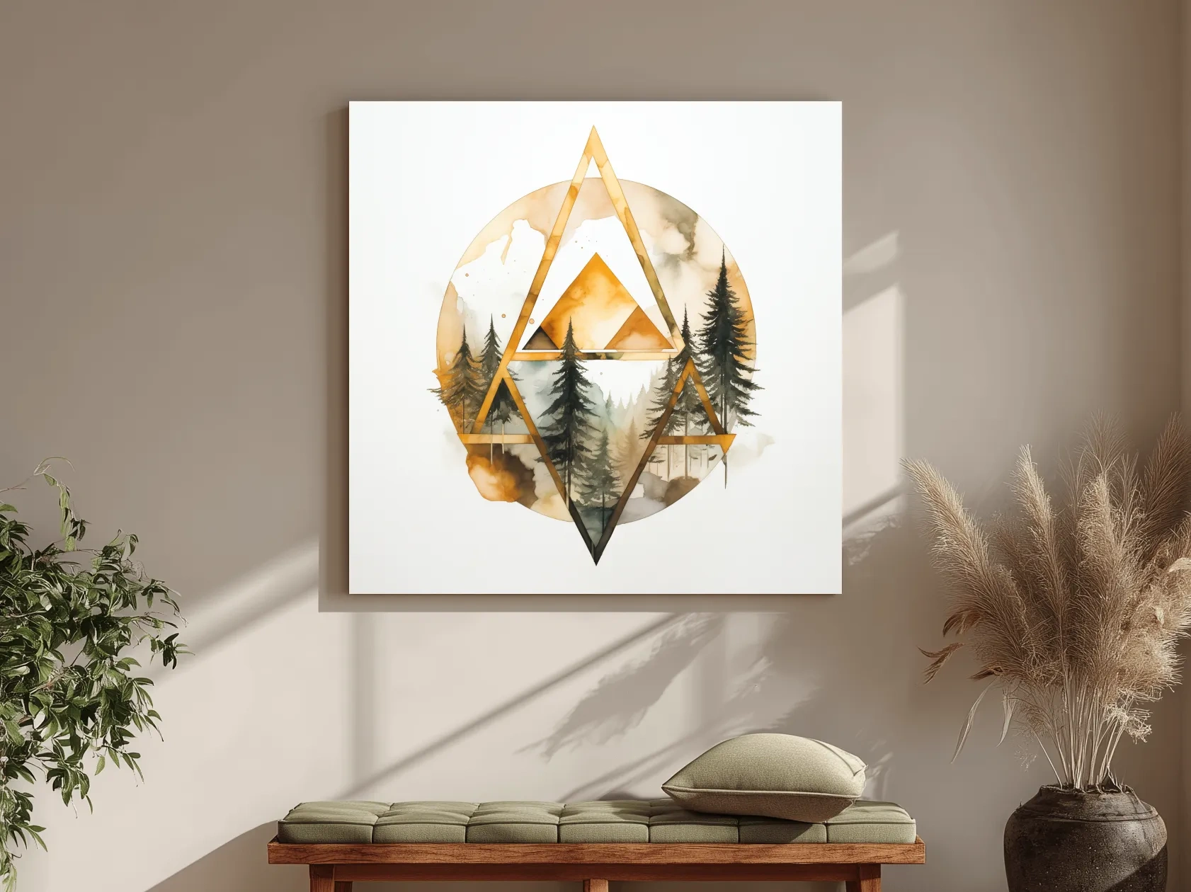 Rustic Elegant Watercolor Mountain Pine Forest - Abstract Golden Geometric Nature Wall Art