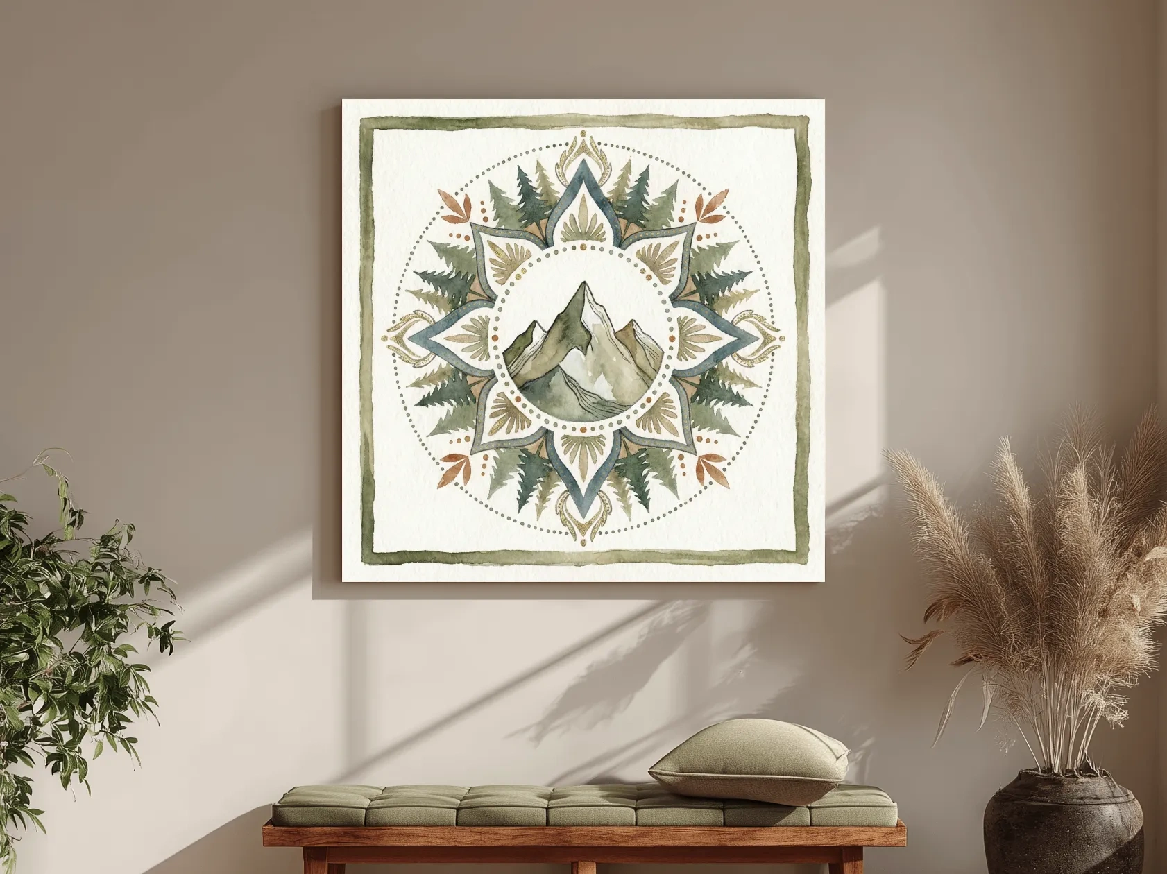 Mountain Mandala Watercolor - Boho Botanical Nature Wall Art