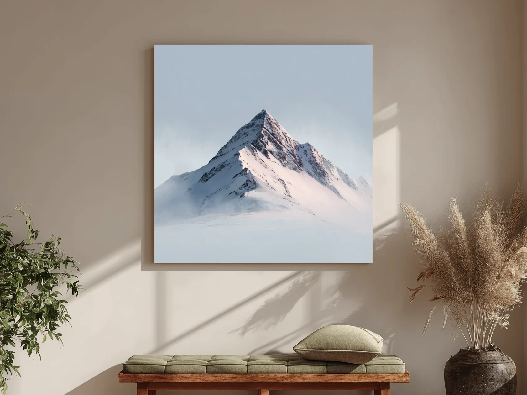 Minimalist Snowy Alpine Peak Painting - Serene Winter Mountain Wall Art