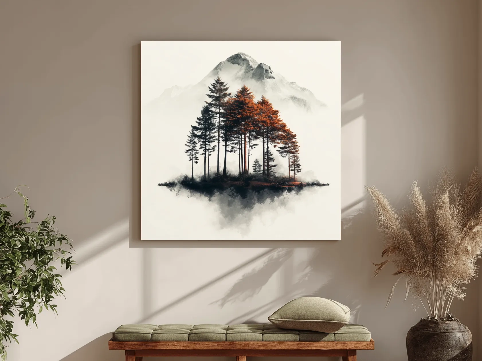 Misty Mountain Pine Forest Watercolor - Autumn Landscape Wall Art