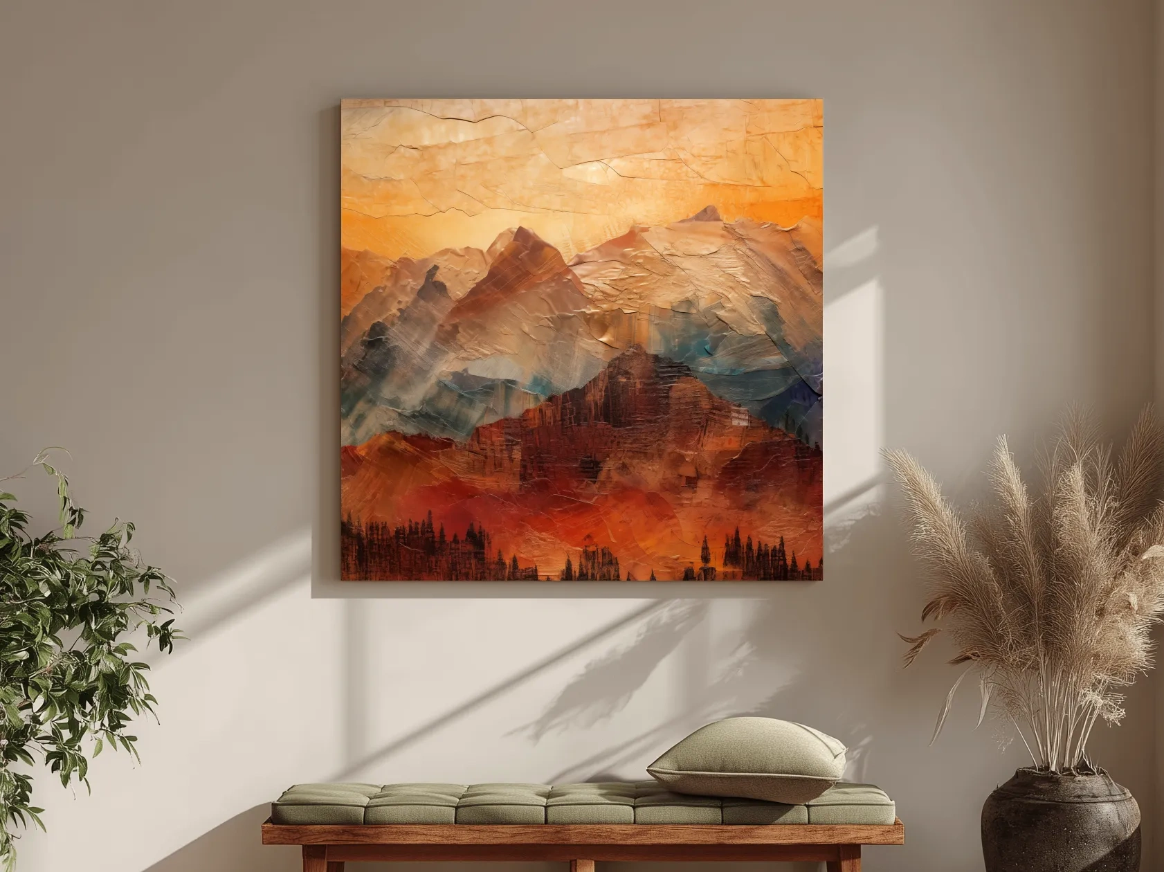 Impasto Style Abstract Mountain Range Sunset - Warm Rustic Landscape Wall Art
